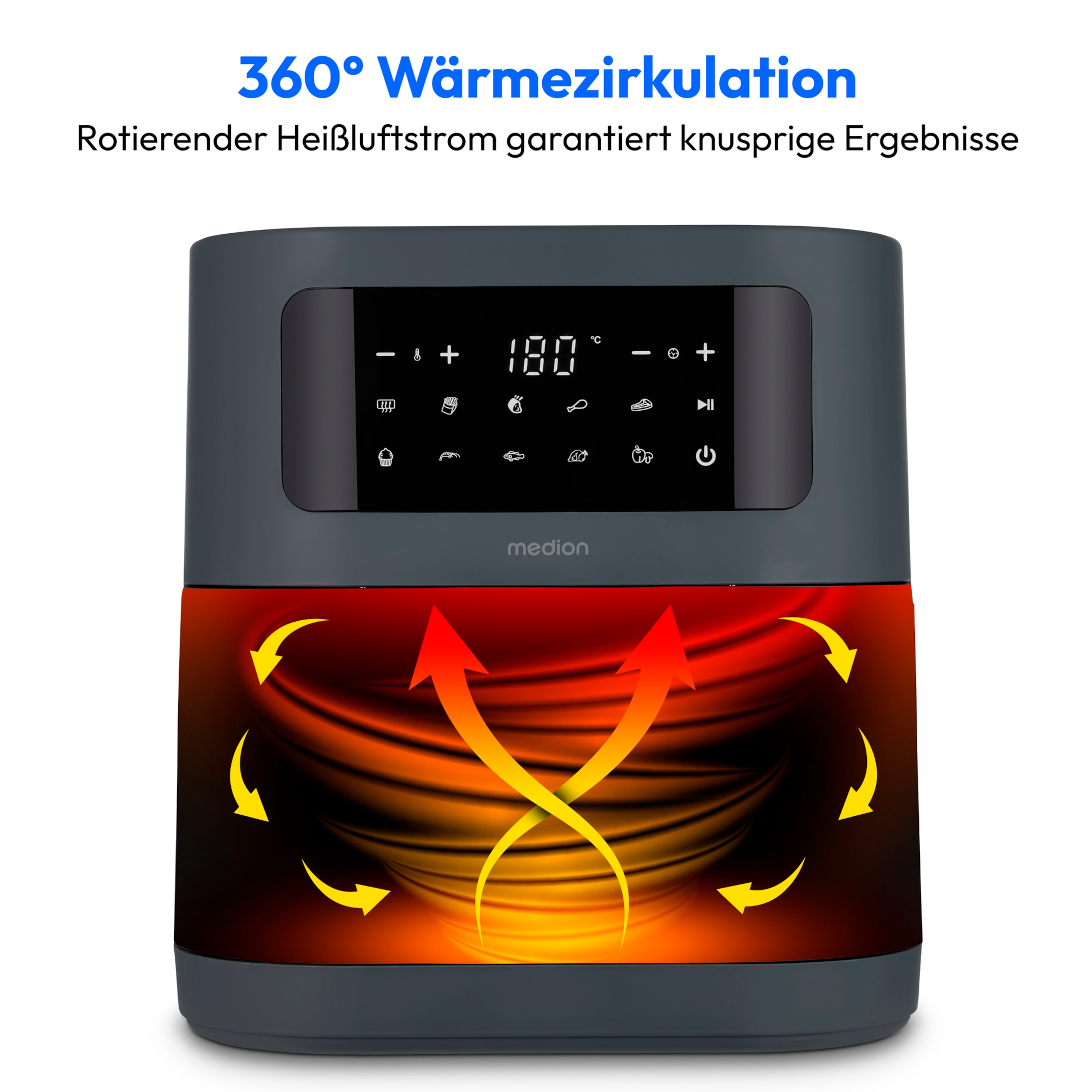 MEDION® LIFE® E40 XL Heißluftfritteuse MD 11740 matt grau, 100 Rezepte in der Life+ App, ölfreies Frittieren, 9 Automatikprogramme, 5,2 L Korbvolumen