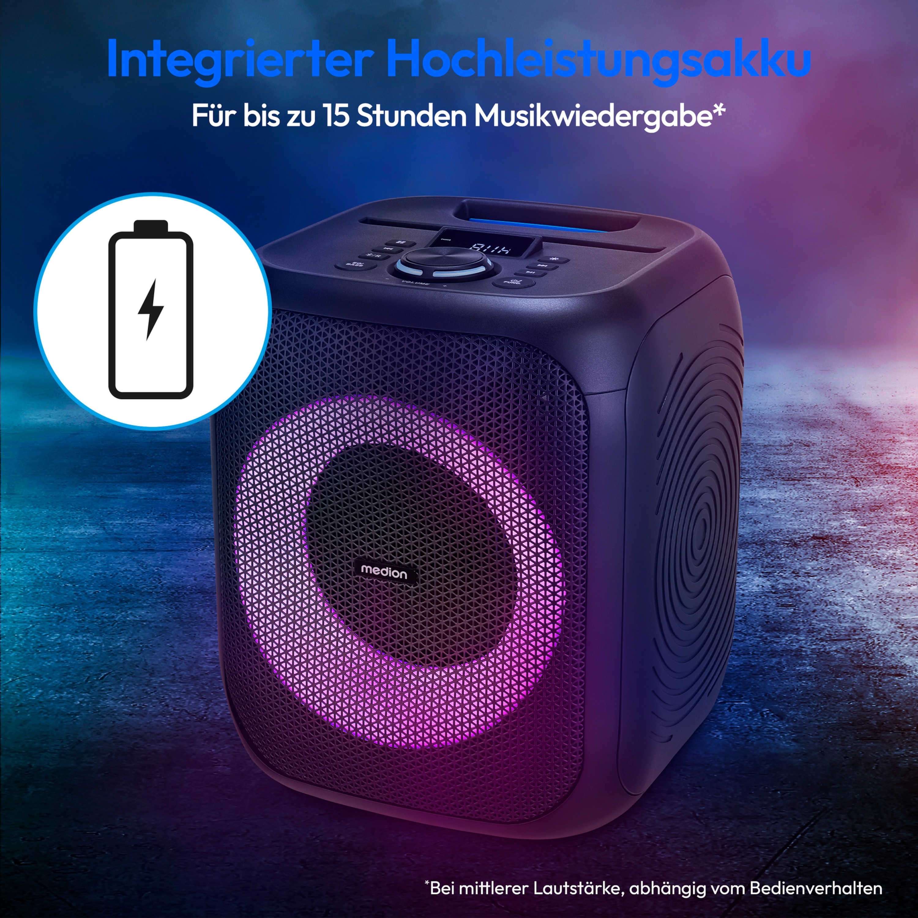 MEDION® LIFE® S61991 Partylautsprecher, tragbares Bluetooth®-Soundsystem. Bluetooth® 5.3 für kabellose Musikübertragung, verschiedene Lichteffekte, integrierter Akku, TWS-Funktion, 50 W RMS