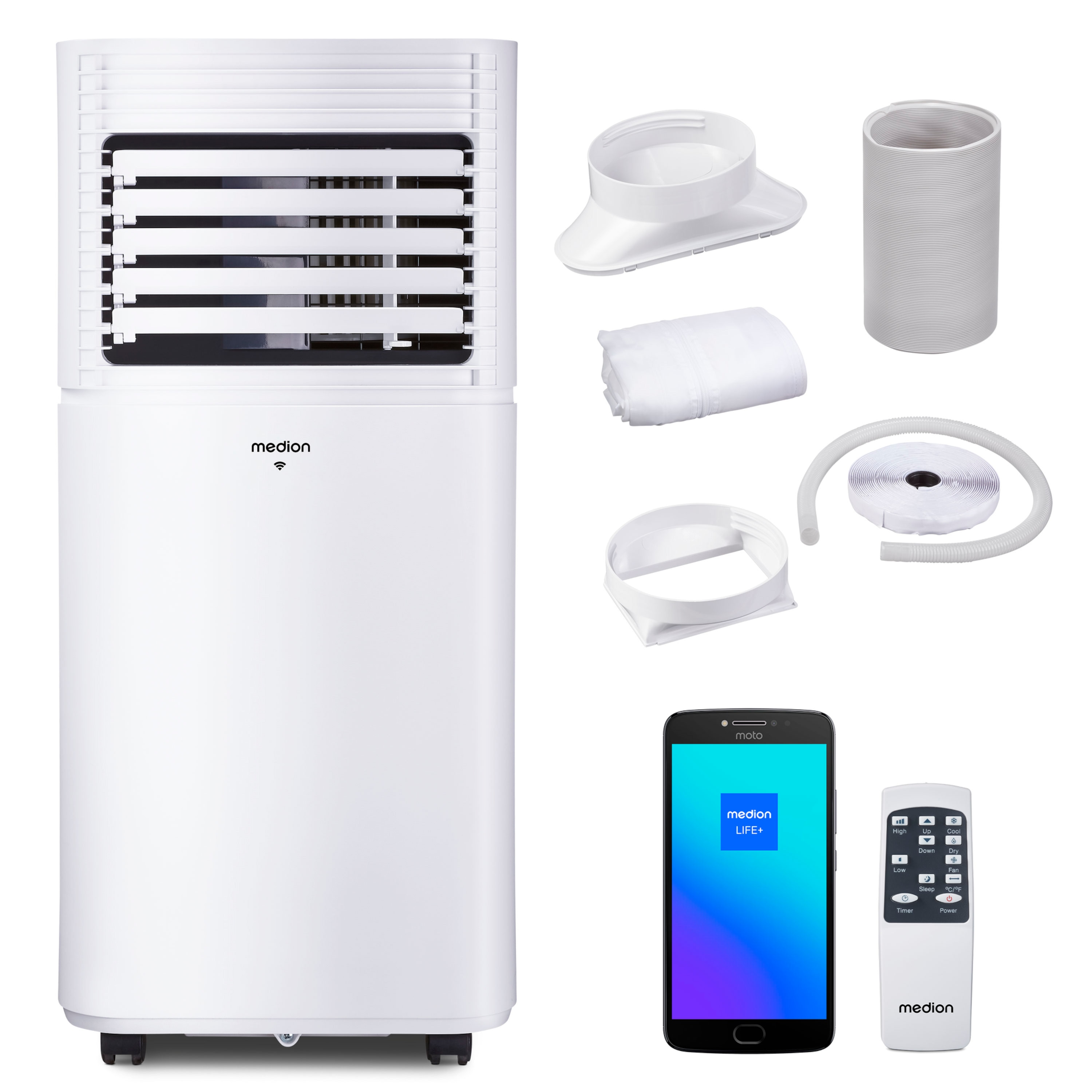 MEDION® LIFE® P701 Klimaanlage (MD 37672), Kühlen, Entfeuchten und Ventilieren, Kühlleistung 7.000 BTU, Kühlmittel R290, max. 25m², App- und Sprachsteuerung, Inkl. Fenster-Kit