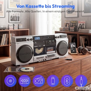 MEDION® LIFE P66538 Retro-Boombox silber, DAB+/PLL-UKW Radio, Bluetooth® 5.3 für das Abspielen von Smartphone & Co, CD-Player, Kassettendeck, X-Bass Funktion, 2 x 10 W RMS