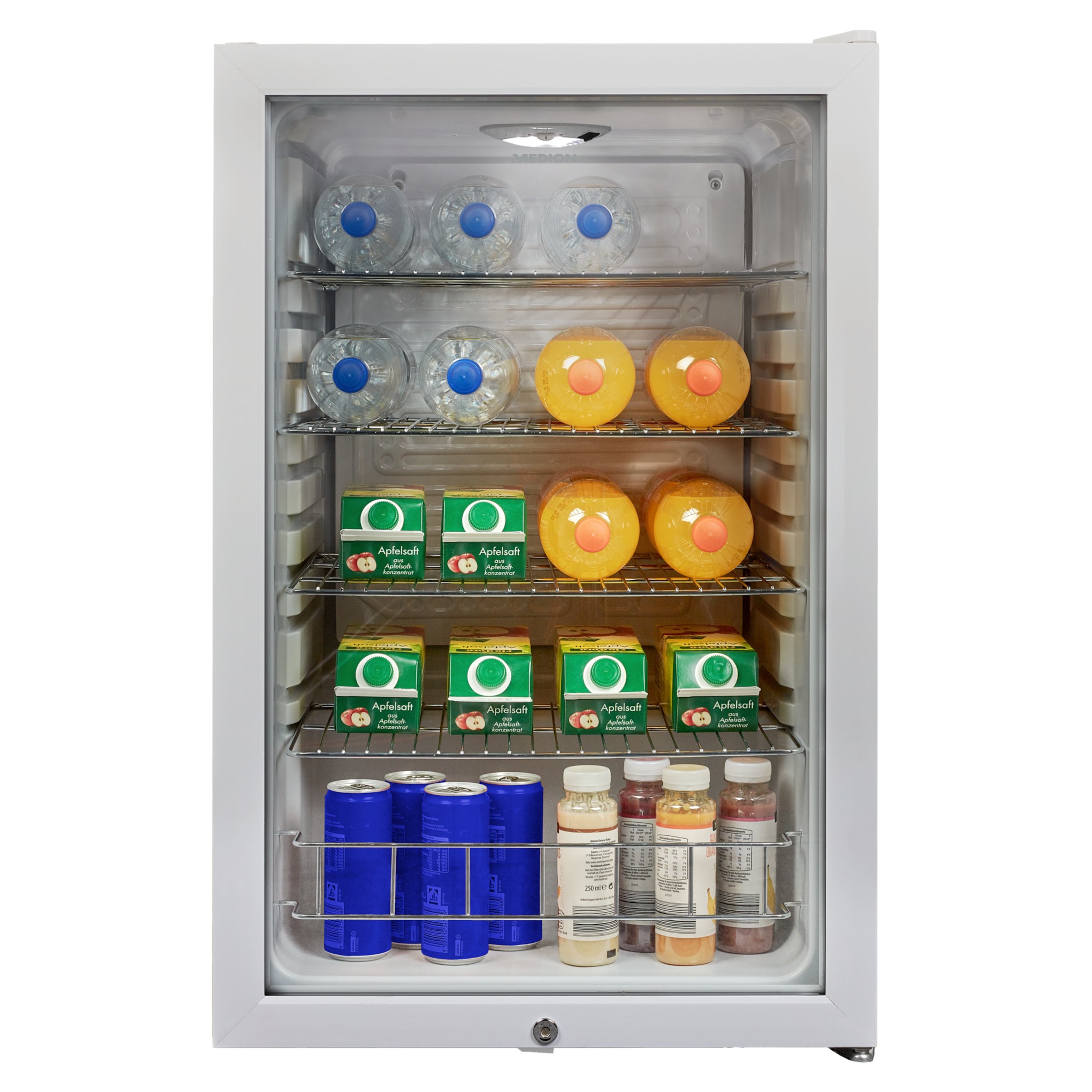 MEDION® Getränkekühlschrank MD 37683, 115 L Fassungsvermögen, LED- Innenbeleuchtung, 39 dB, freistehend, höhenverstellbare Füße an der Vorderseite, Foliendruck: Cocktails