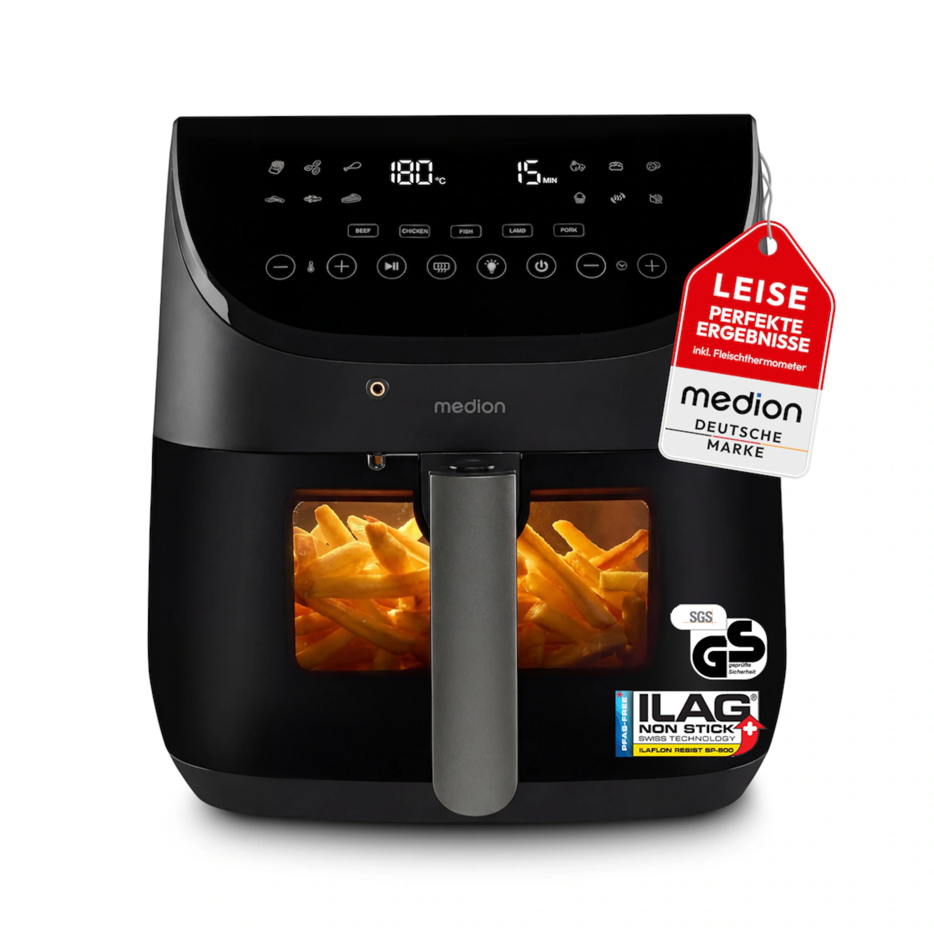 MEDION® LIFE Heißluftfritteuse X20 XL (MD13060), Temperaturfühler, MEDION Life+ App, Touch-Sensor- Bedienfeld, 6,6 L Fassungsvermögen, 10 Automatikprogramme, 5 Fleischprogramme