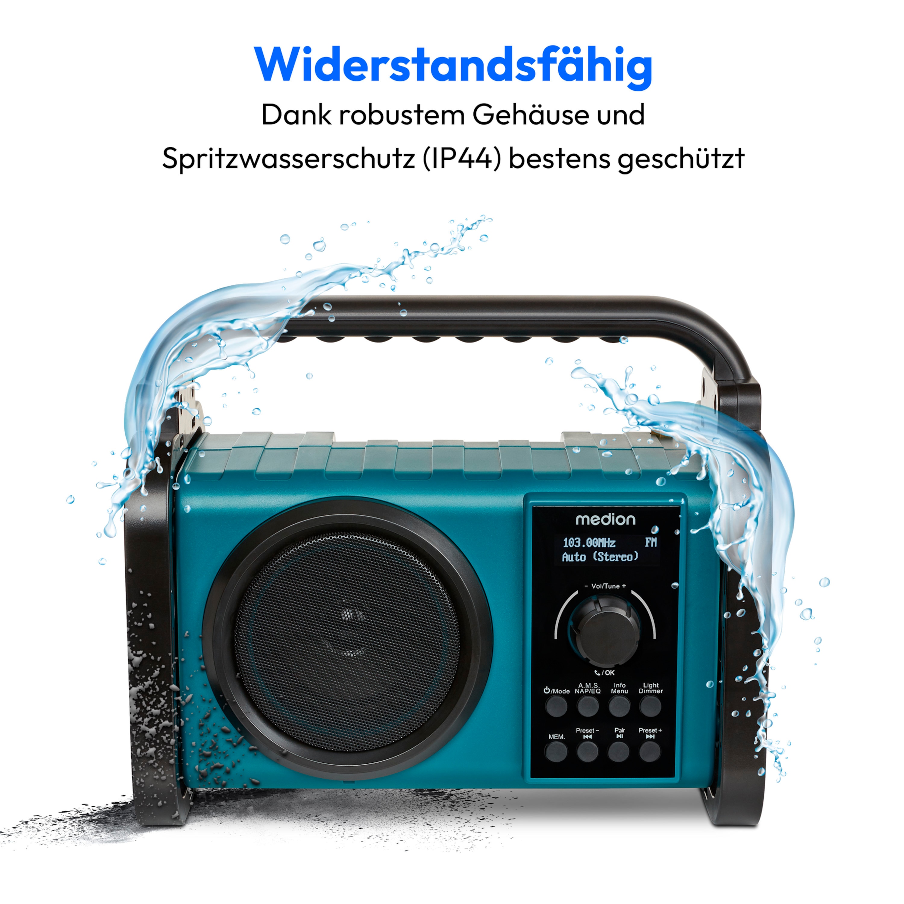 MEDION® LIFE® E66877 Baustellenradio, DAB+/PLL-UKW Radio, Dot Matrix LC-Display, Bluetooth® 5.0, spritzwassergeschützt (IP44), robustes Gehäuse, LED-Arbeitslicht, integrierter Akku, 5 W RMS