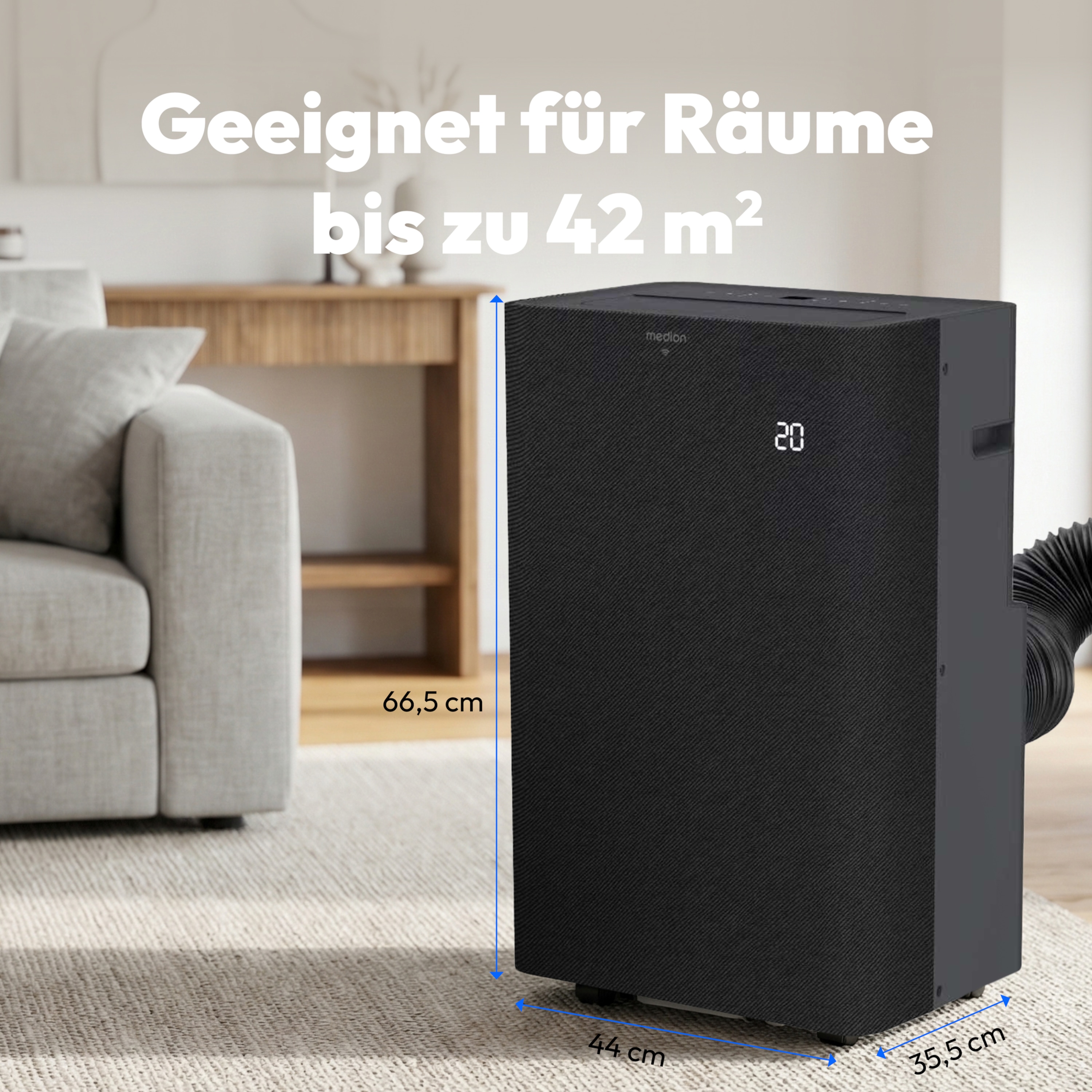 MEDION® MEDION® LIFE® P1202 Klimaanlage (MD 100134), Kühlen, Entfeuchten und Ventilieren, 12.000 BTU Kühlleistung, Kältemittel R290, für Räume bis 42 m², App- und Sprachsteuerung, Auto-Swing-Funktion, inkl. Fenster-Kit