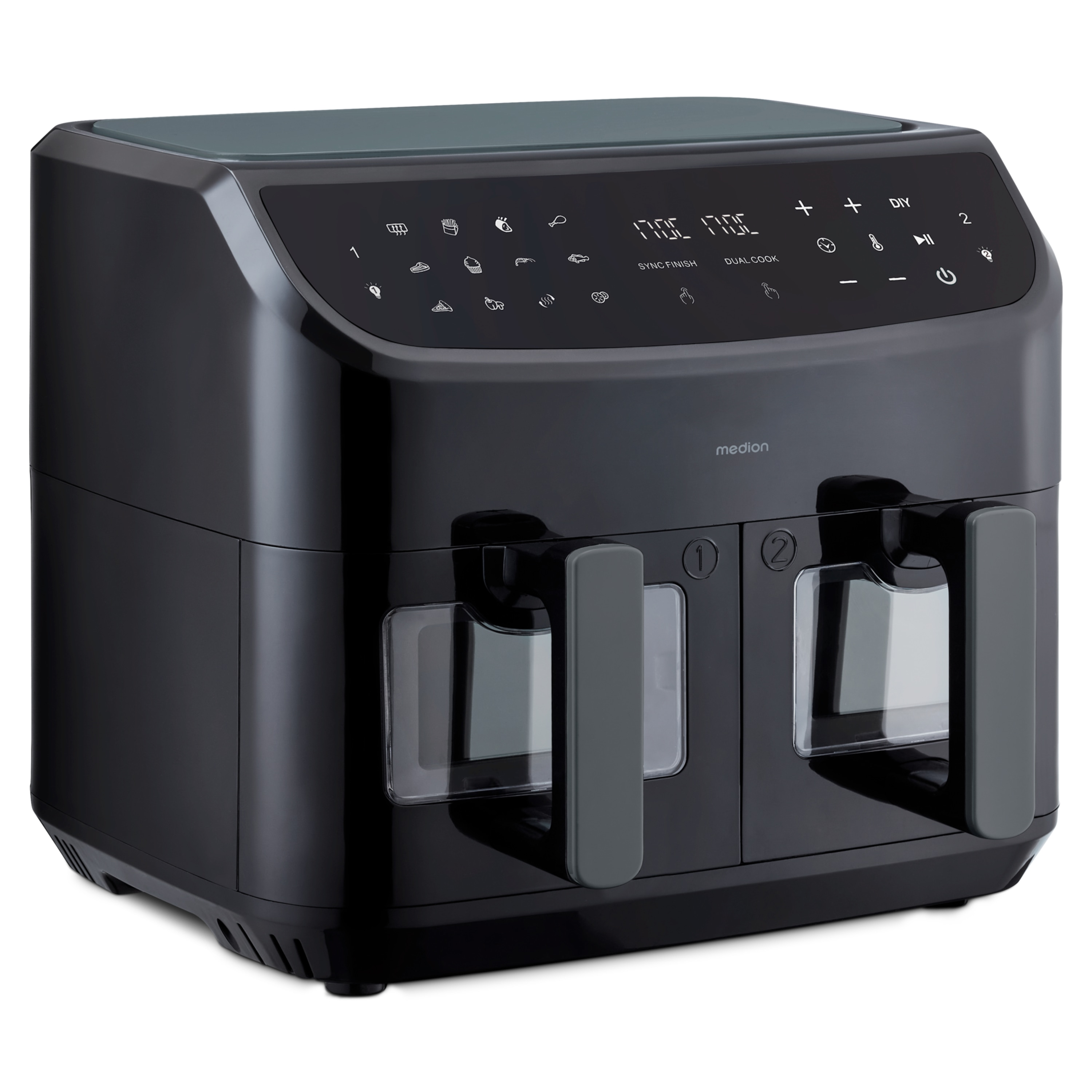 MEDION® LIFE® P20 XXL Twin Doppelzonen-Heißluftfritteuse MD 11760, 100 Rezepte in der Life+ App, 2 separate Garzonen, 9 Automatikprogramme, 8,7 L Gesamt-Nutzinhalt, 2.600 Watt, Temperatur einstellbar bis 200 °C