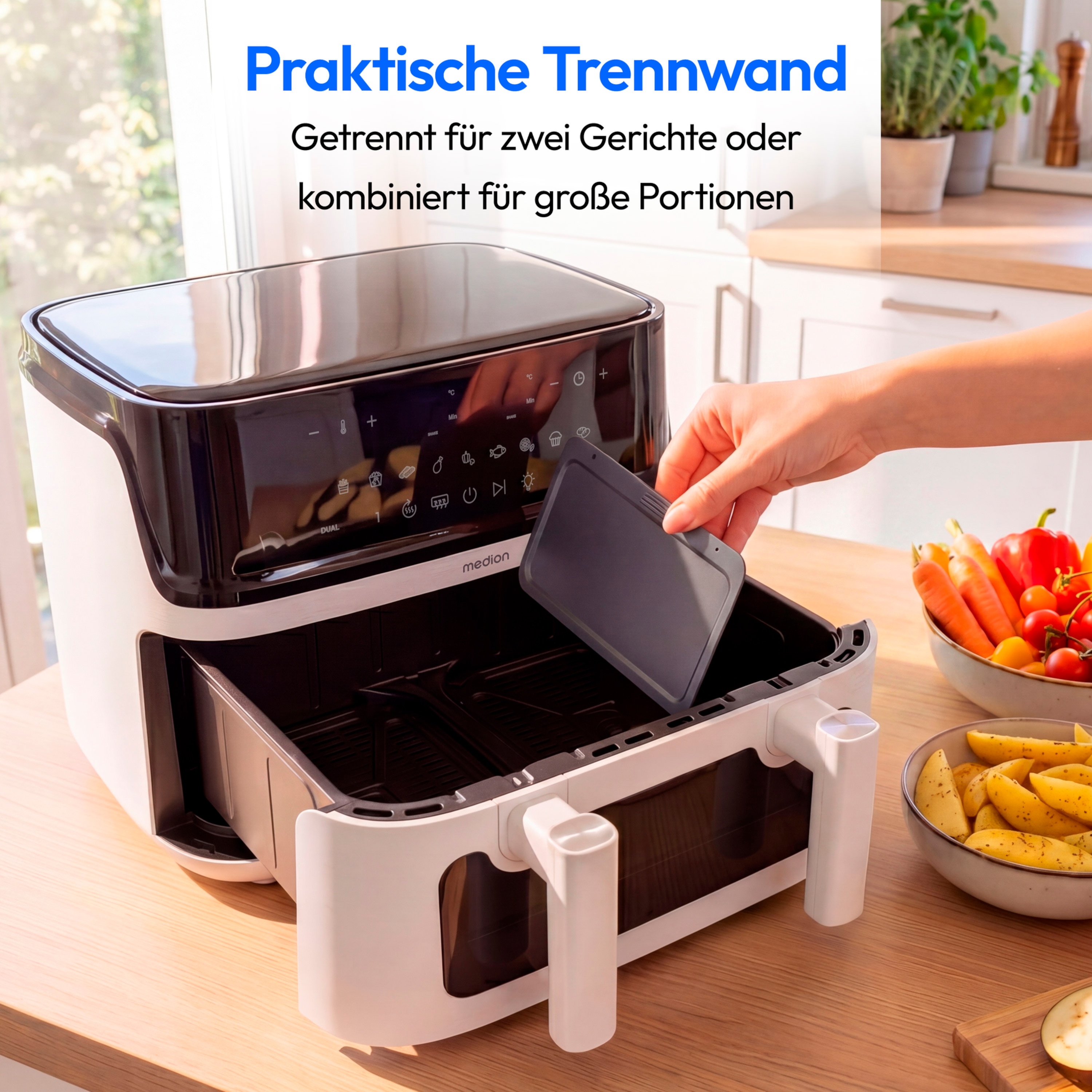 MEDION® LIFE® P25 XXL Flex M Heißluftfritteuse MD100057 weiß, 100 Rezepte in der Life+ App, 2 separate Garzonen, 10 Automatikprogramme, 10,8 L Gesamt-Nutzinhalt, 3.040 Watt, Temperatur einstellbar bis 200 °C