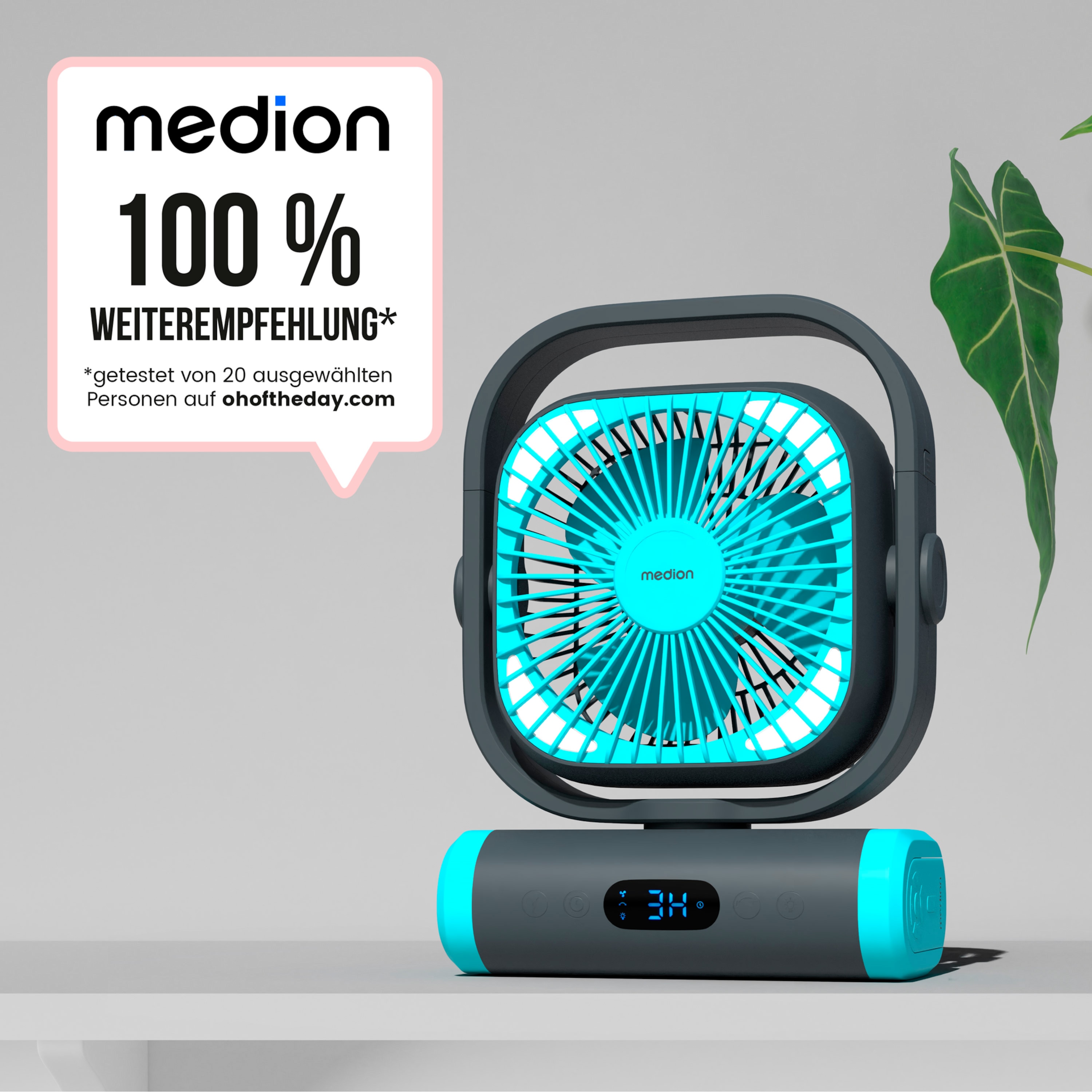 MEDION® LIFE Camping Ventilator E10 TF, 20 W Leistung, 5 Geschwindigkeitsstufen, 110° Oszillation, 10.000 mAh Akku, als Powerbank nutzbar, LED