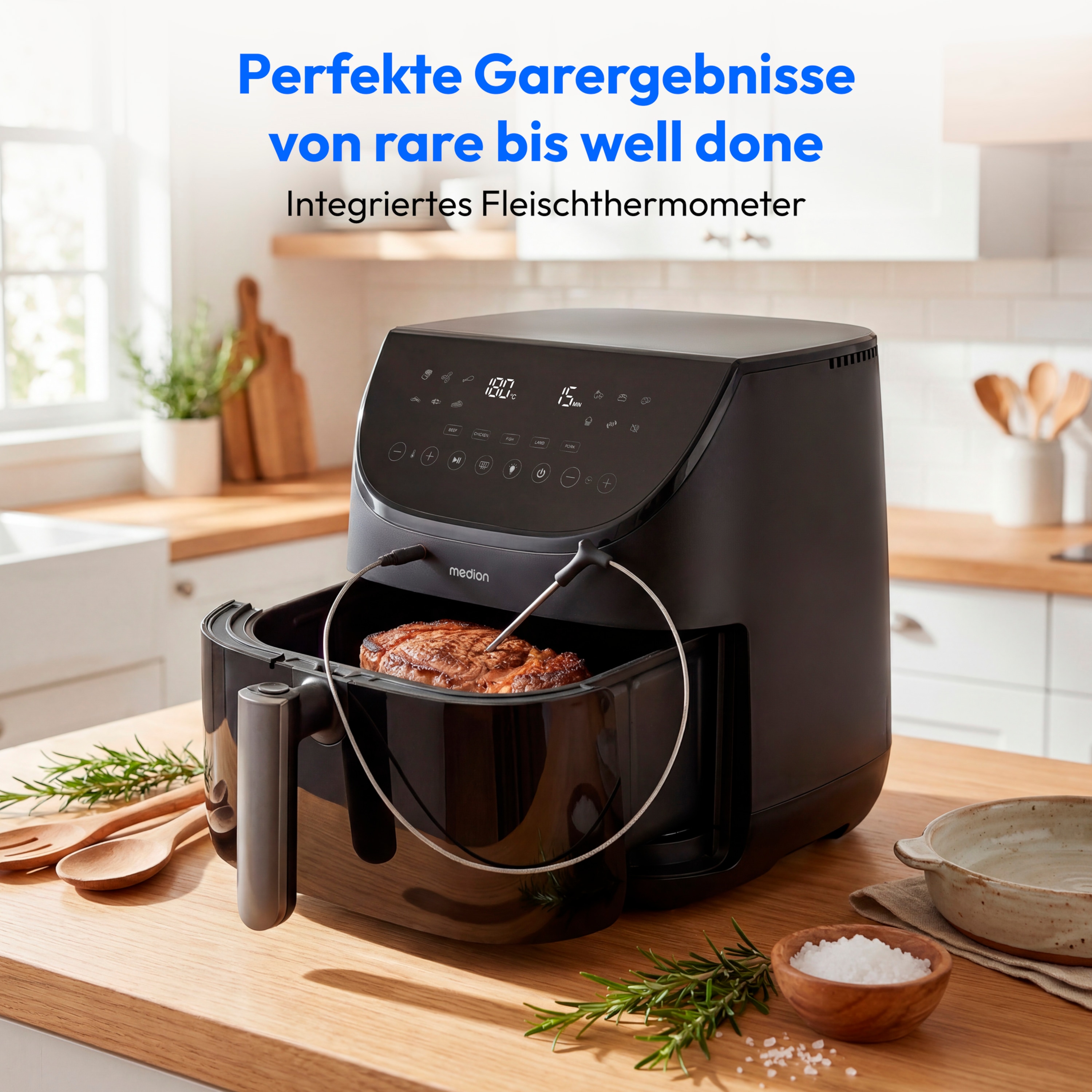 MEDION® LIFE Heißluftfritteuse X20 XL (MD13060), Temperaturfühler, MEDION Life+ App, Touch-Sensor- Bedienfeld, 6,6 L Fassungsvermögen, 10 Automatikprogramme, 5 Fleischprogramme