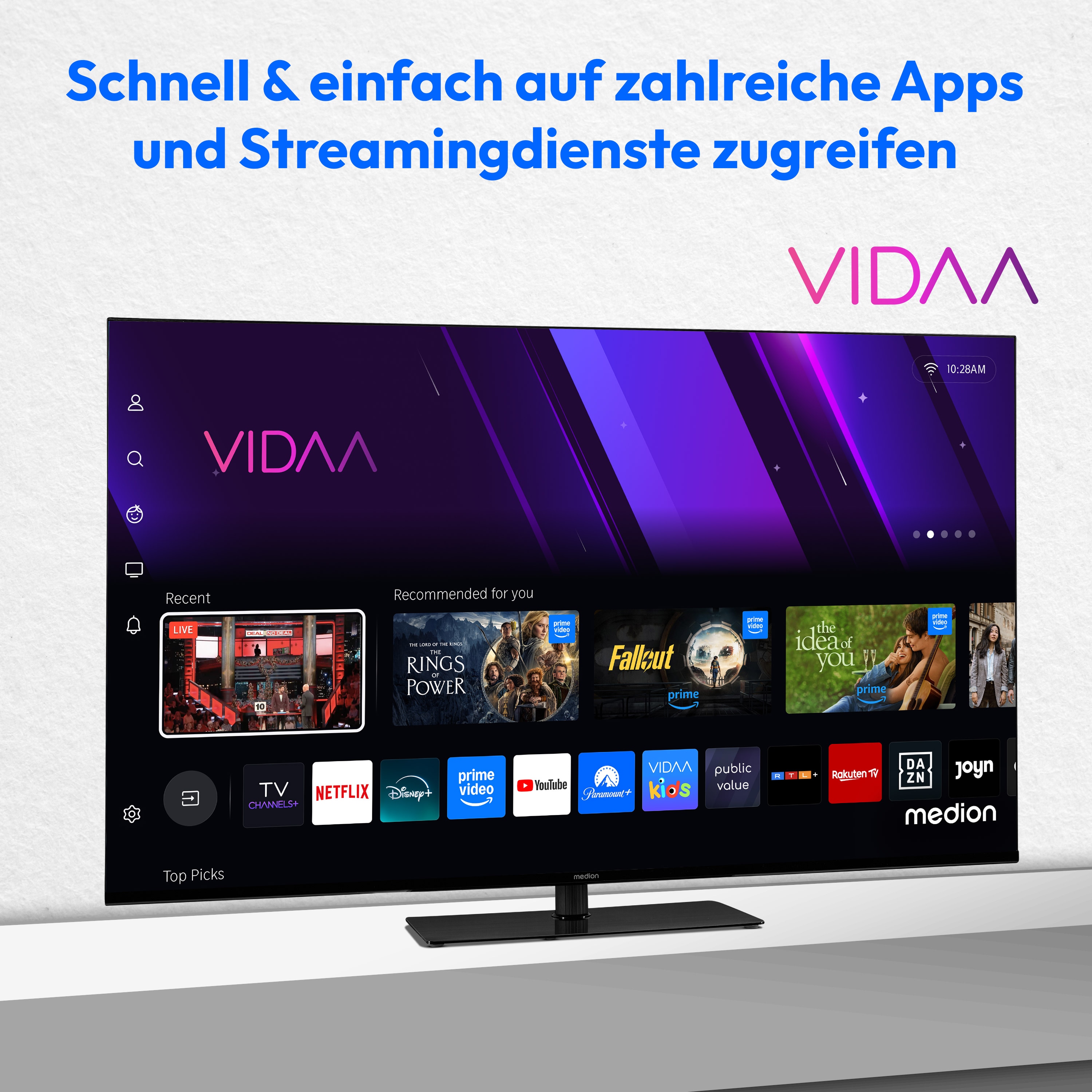 MEDION® LIFE® X8432501 (MD 843300) LCD Smart-TV, 108 cm (43'') Ultra HD Display, HDR, Dolby Vision®, MEMC, PVR ready, VIDAA App Store, NETFLIX, Disney+, Paramount+ & Amazon Prime Video App, Bluetooth®, DTS X, Dolby Atmos®, HD Triple Tuner