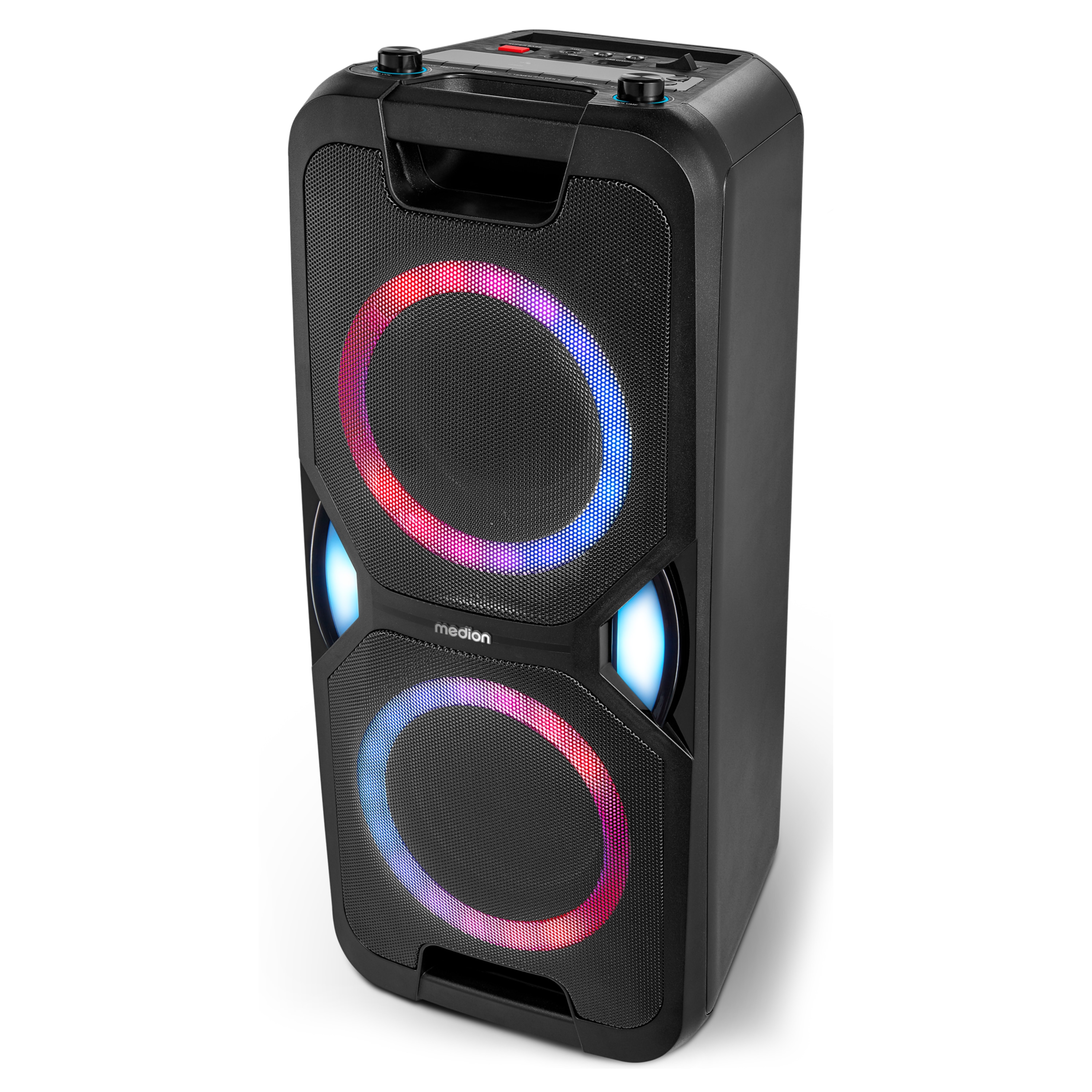 MEDION® LIFE® P61468 Partylautsprecher, PLL-UKW Radio, Bluetooth® 5.0, satter Sound, verschiedene Lichteffekte, X-Bass Bassanhebung, inkl. Mikrofon, 2 x 22 W RMS Ausgangsleistung