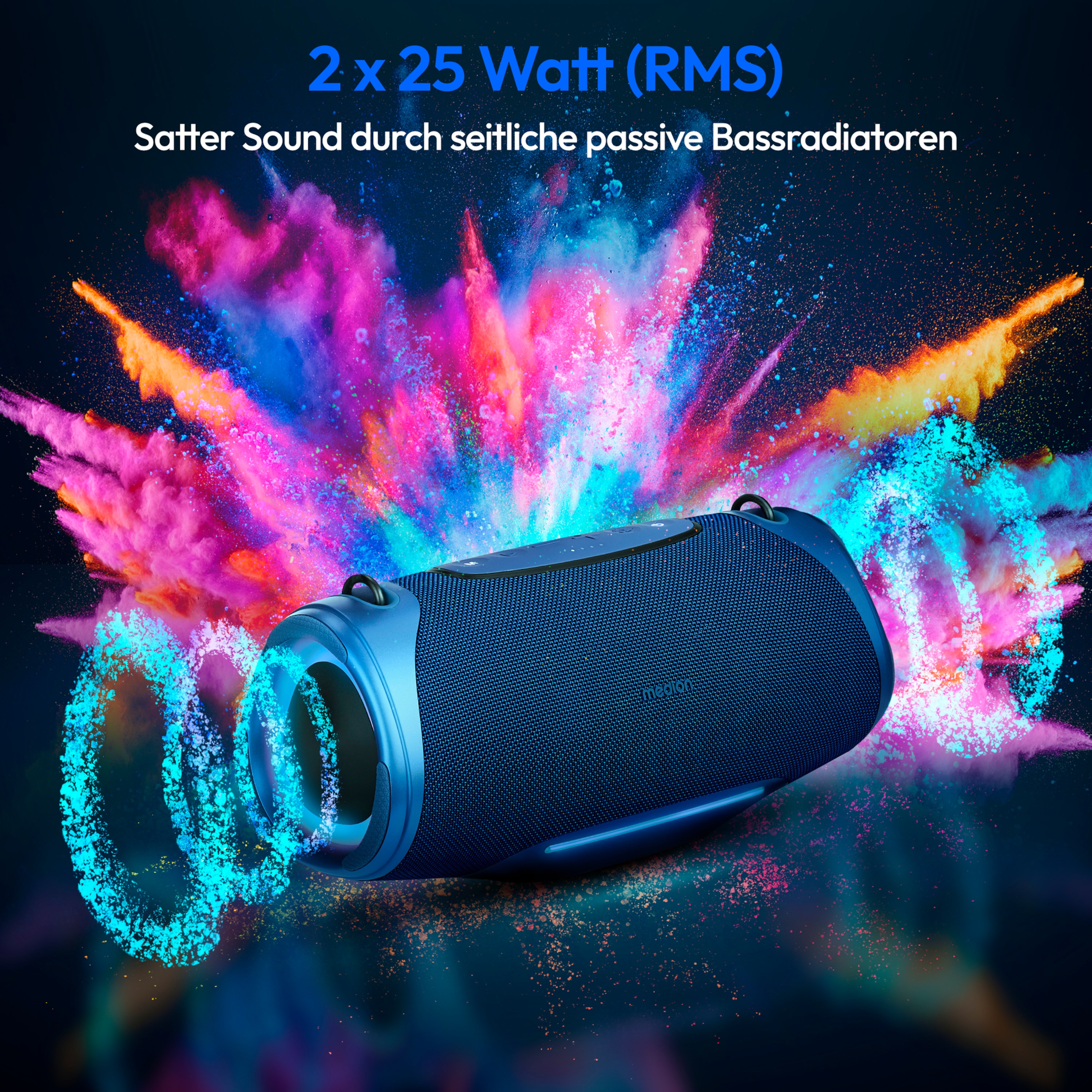 MEDION® LIFE® P61762 Tragbarer Bluetooth® Lautsprecher L, Dual Illuminated & Lightstrip (RGB-Lichteffekte), Bluetooth® 5.3, integrierter Akku mit bis zu 47 Stunden Laufzeit, robustes & mobiles Design, 2 x 25 W RMS