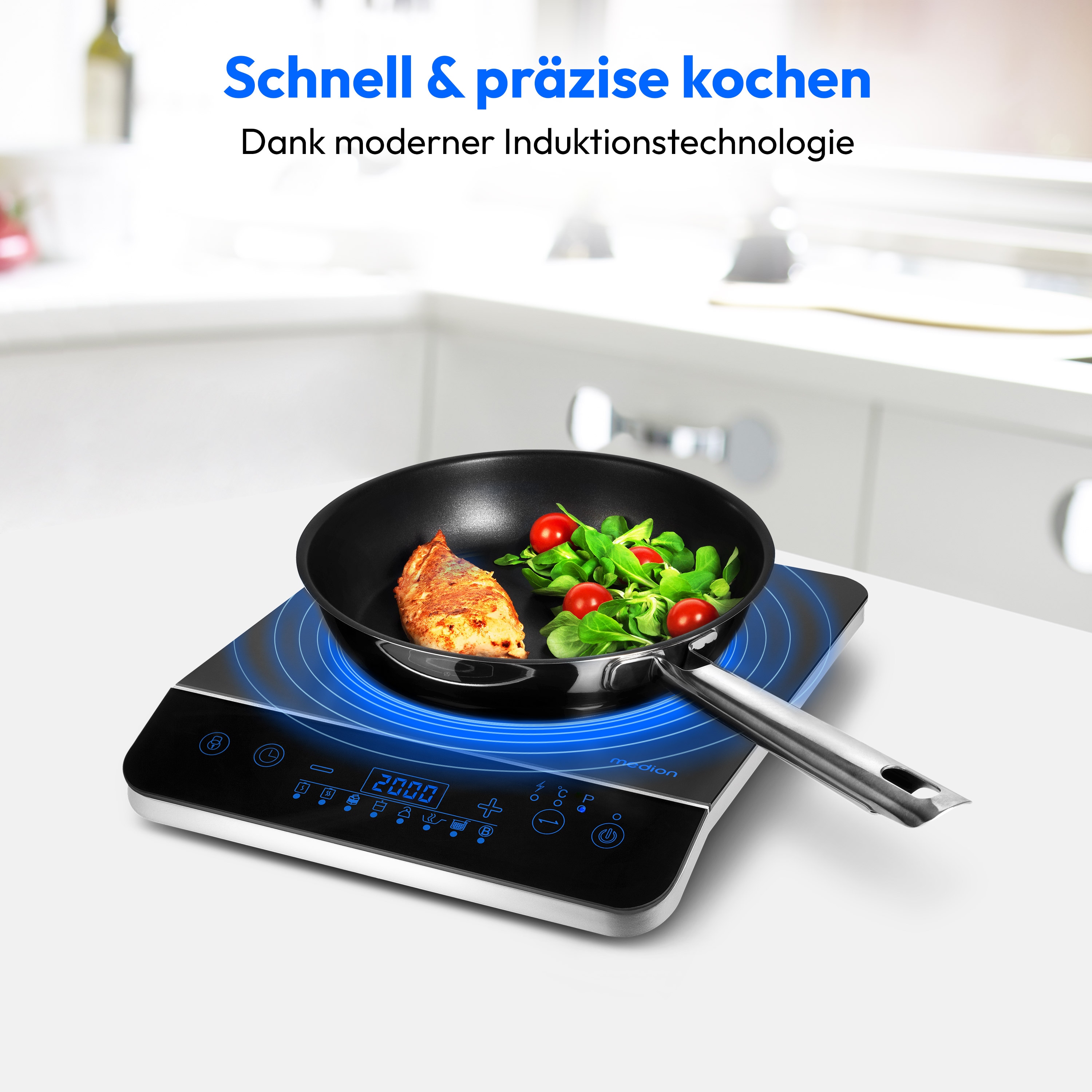 MEDION® LIFE Induktionskochplatte MD 17595, 2000 Watt Induktionsleistung, 8 Automatikprogramme, automatische Topferkennung