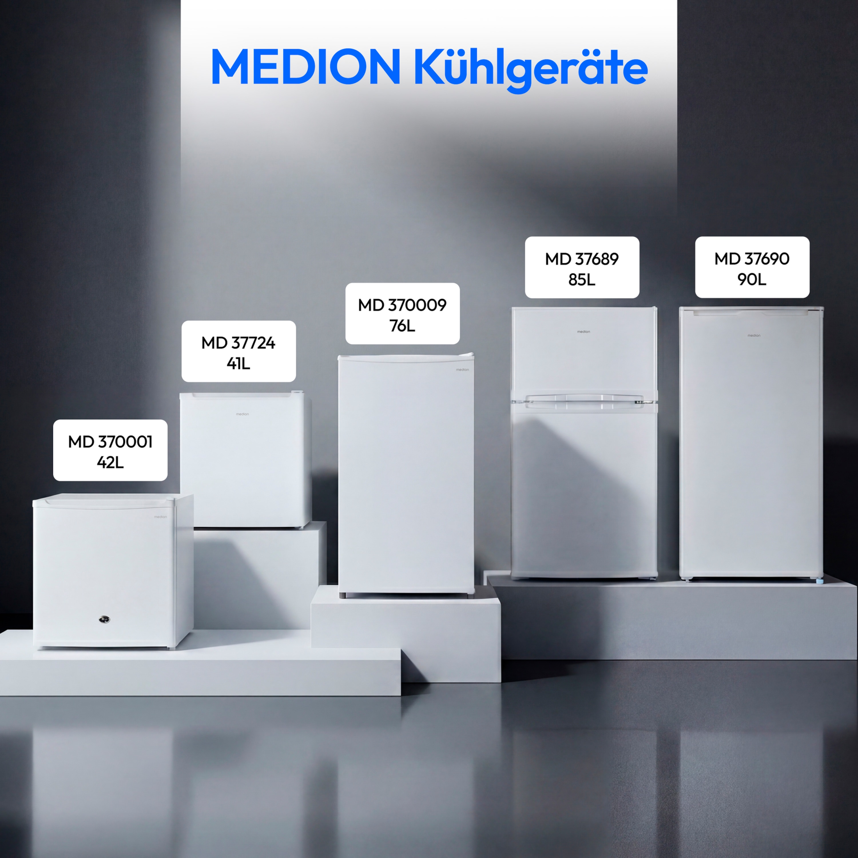 MEDION® LIFE Kühlschrank MD370009, 76 L Nutzinhalt, 3 Ablagen & 2 Türfächer, temperaturregulierbar (0–8 °C), wechselbarer Türanschlag, Energieklasse E