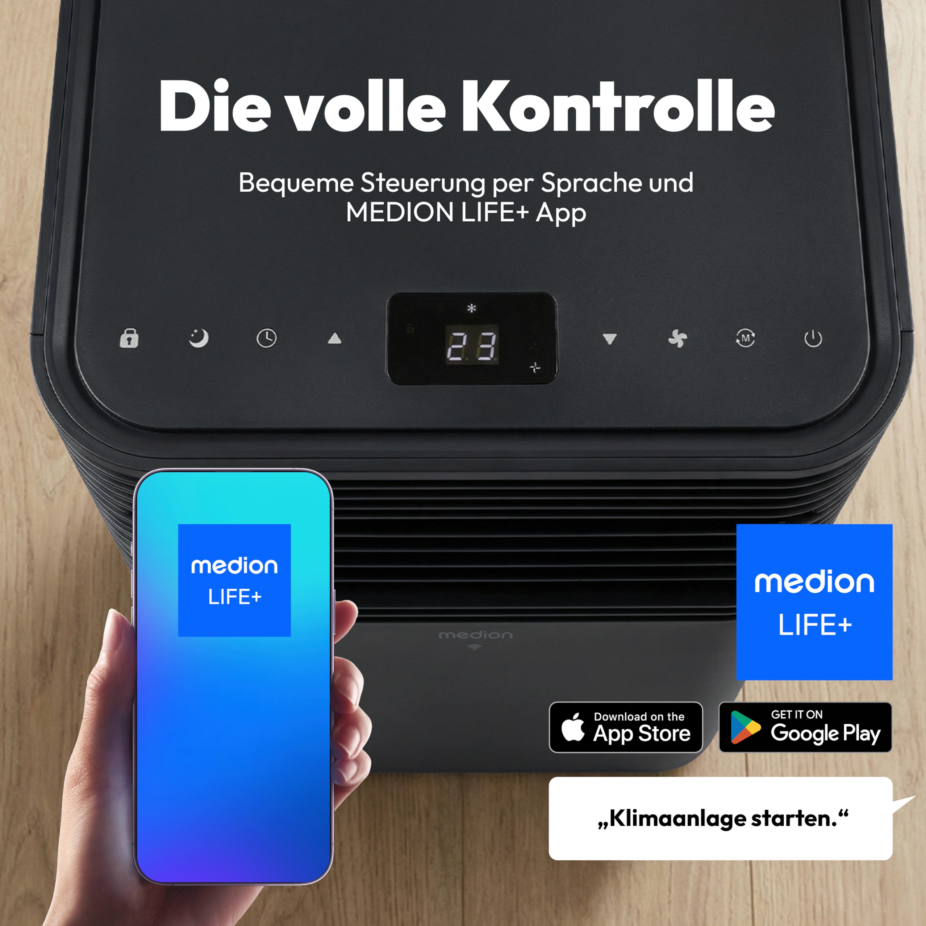 MEDION® LIFE® P701 Klimaanlage (MD 37672), Kühlen, Entfeuchten und Ventilieren, Kühlleistung 7.000 BTU, Kühlmittel R290, max. 25m², Luftdurchsatz 290 m³/h, App- und Sprachsteuerung, Inkl. Fenster-Kit