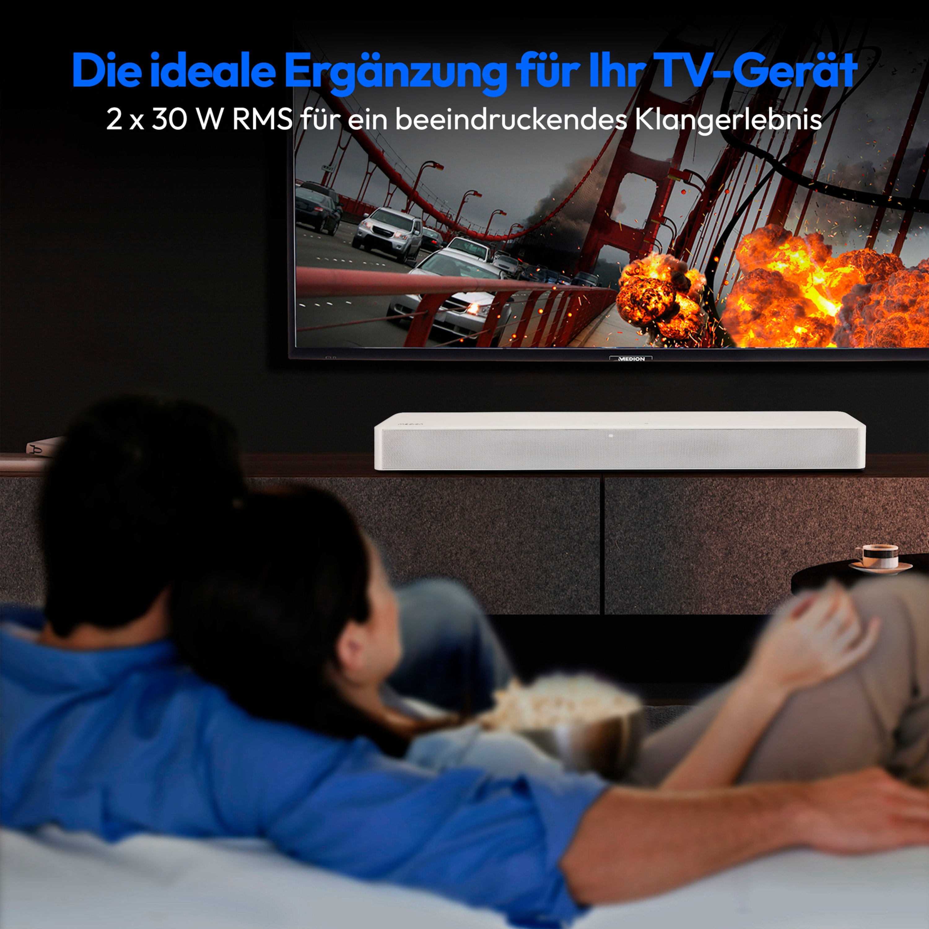 MEDION® LIFE® P61155 2.0 Soundbar, ideale Ergänzung zum TV bzw. Heimkino, kabellose Musikübertragung von Smartphone & Co via Bluetooth® 5.1, kompakte Soundbar mit Touch- & Fernbedienung