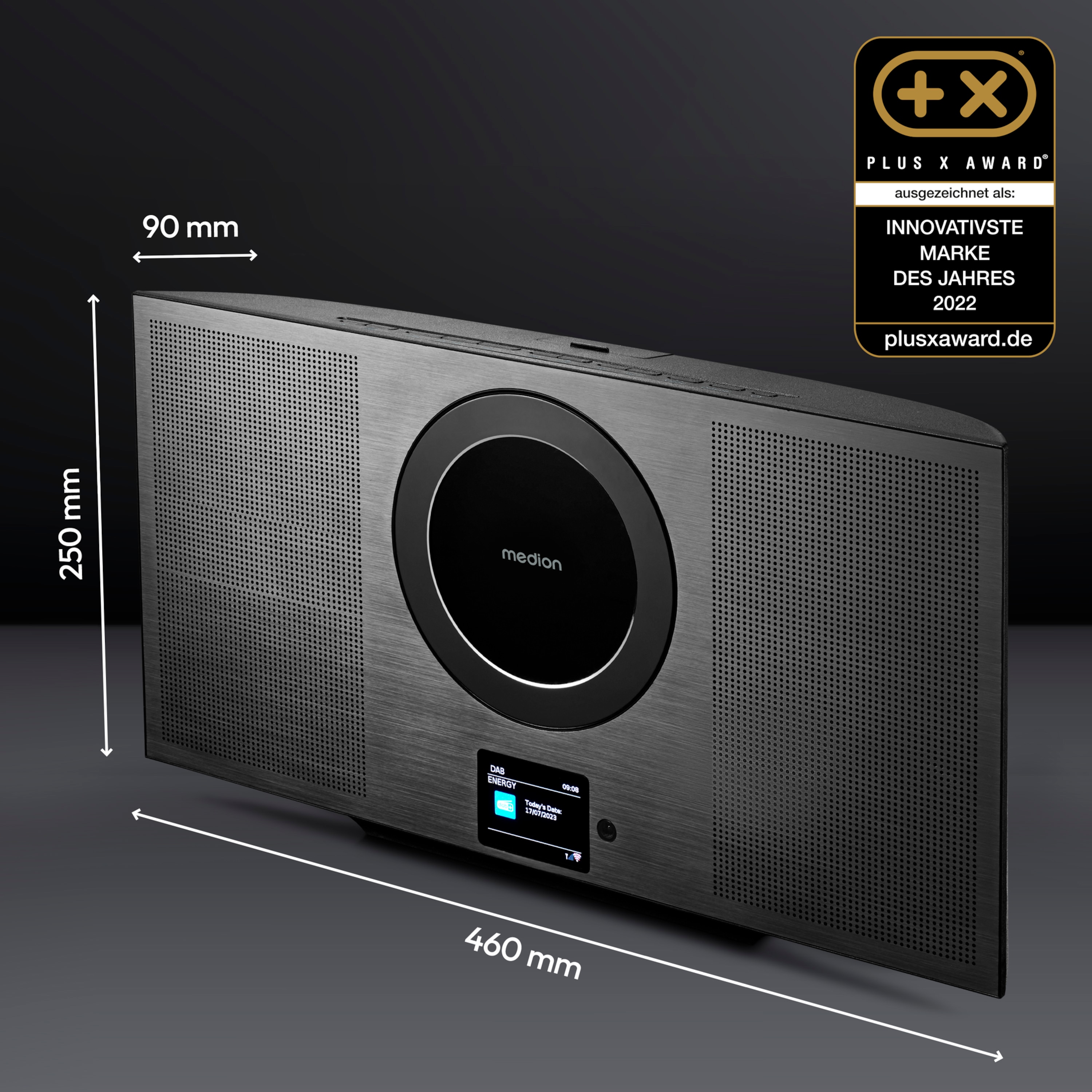 MEDION® P66348 Vertikales All-in-One Audio System, 6,1 cm (2,4'') TFT-Farbdisplay, exklusives Design, Internet/DAB+/PLL-UKW Radio, CD/MP3-Player, Bluetooth®, Spotify®-Connect, 2 x 10 W RMS