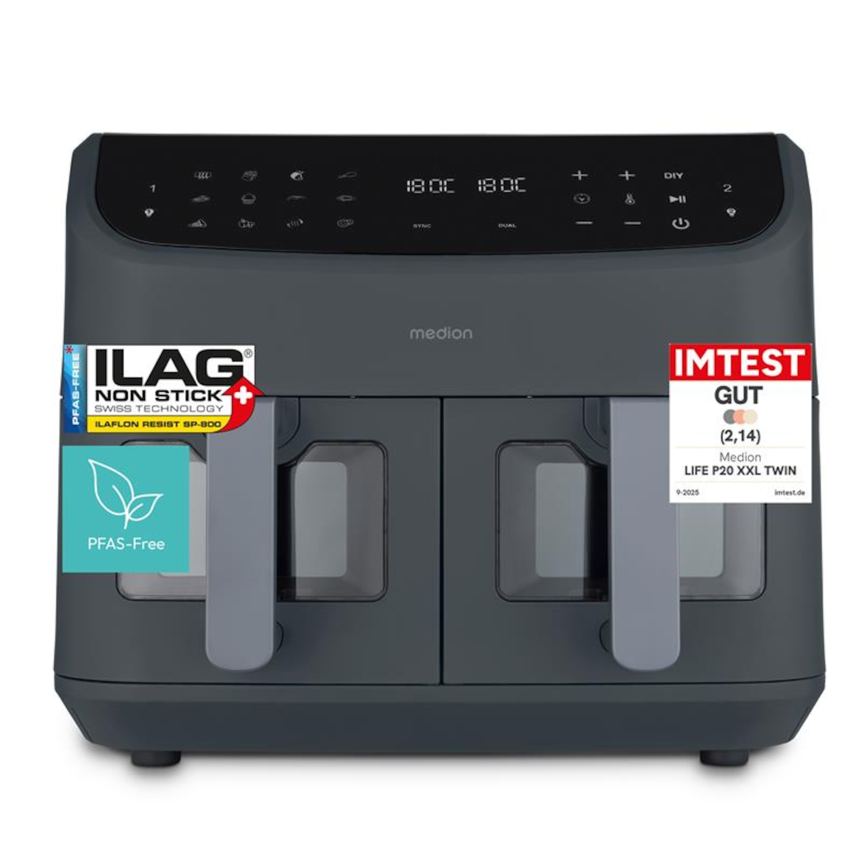 MEDION P20 XXL Twin Zonen Heißluftfritteuse doppeltes Kochvergnügen in Matt-grau für flexible Menüs