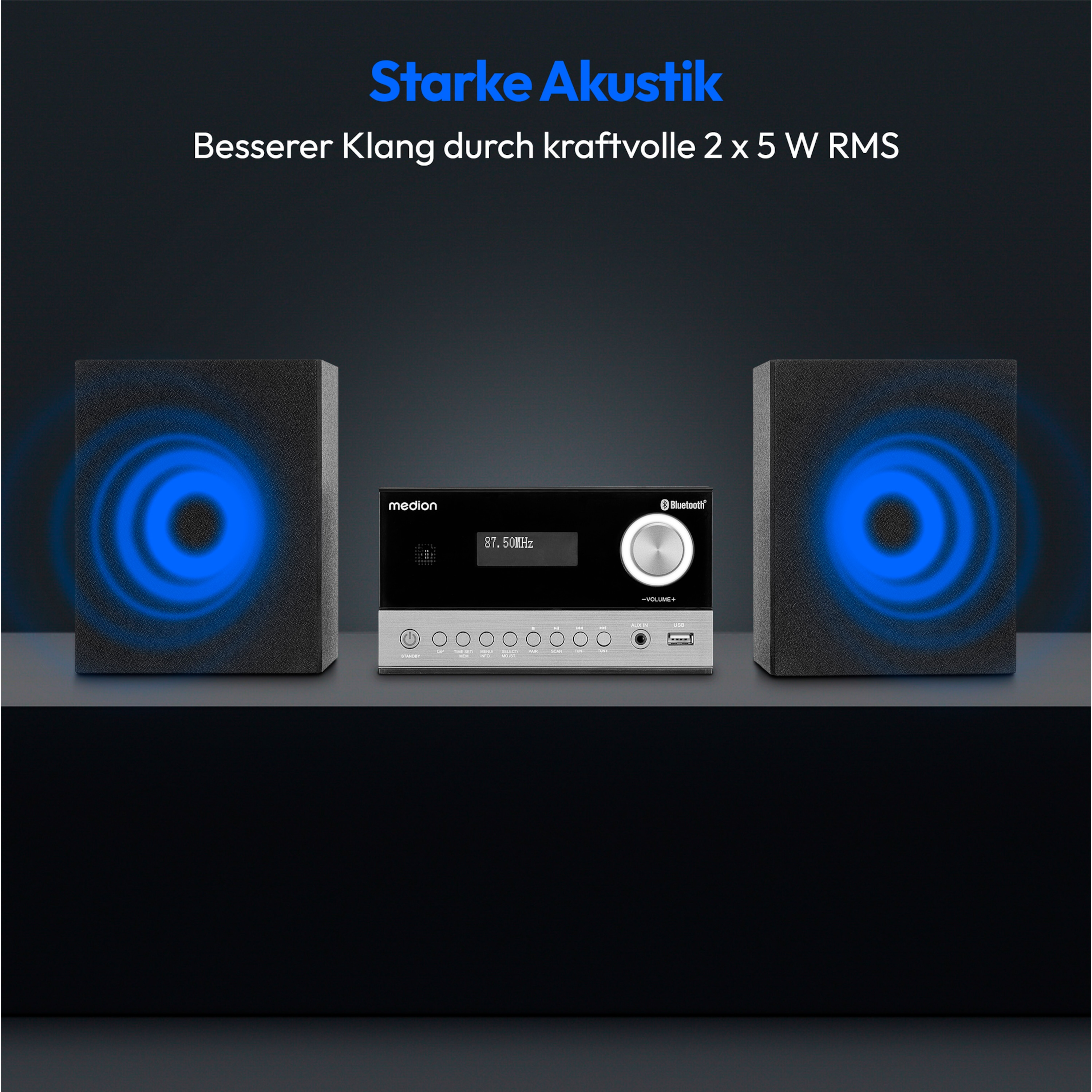 MEDION® LIFE® E64088 Micro-Audio-System, DAB+/PLL-UKW Radio, je 30 Senderspeicher,  LCD-Display, Musikwiedergabe via Bluetooth® 5.3 oder USB-Stick, CD-Player, 2 x 5 W RMS