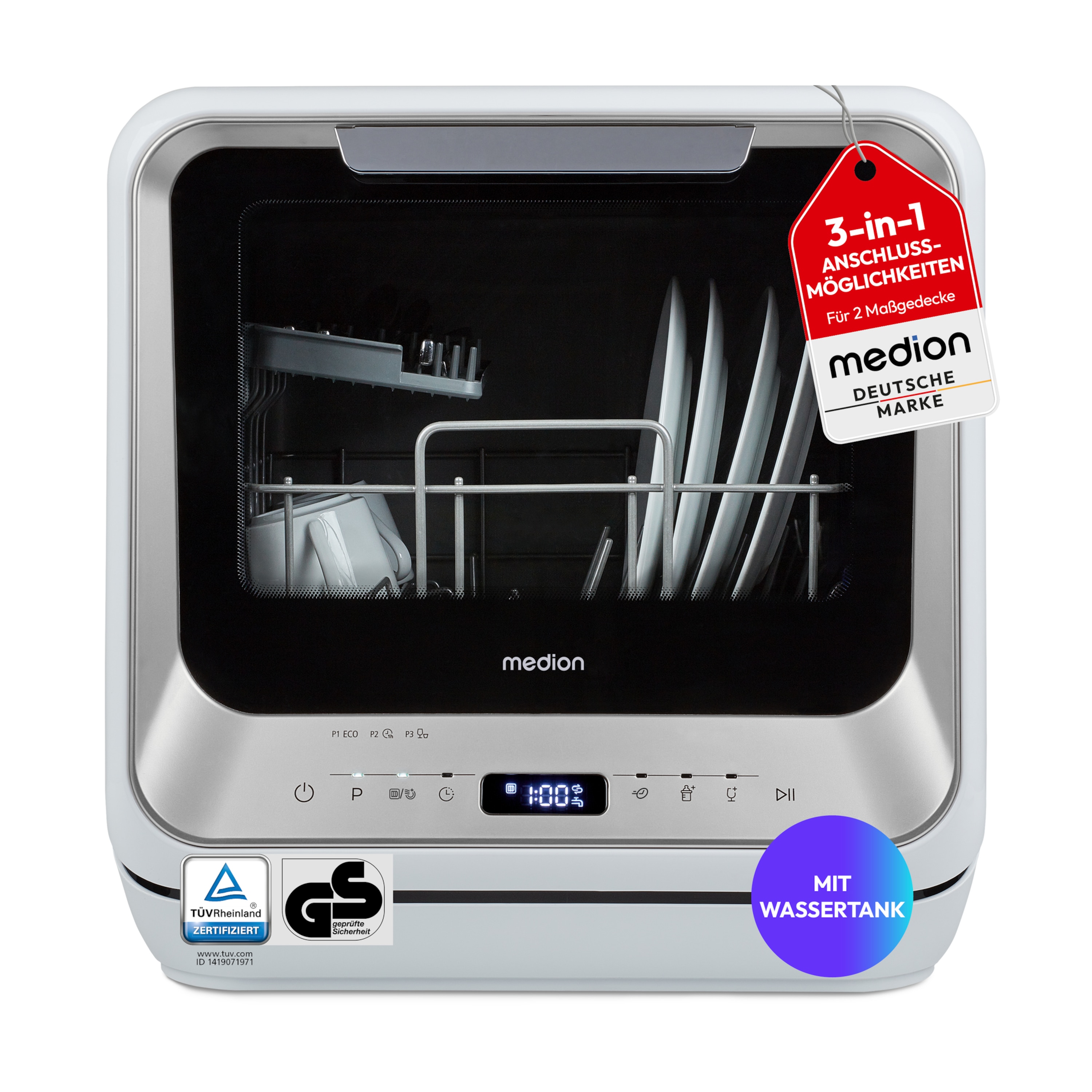 MEDION® LIFE Mini Geschirrspüler DWT20 (MD370764), silber, für 2 Maßgedecke, 6 Reinigungsprogramme, mit und ohne Wasseranschluss, Startzeitvorwahl