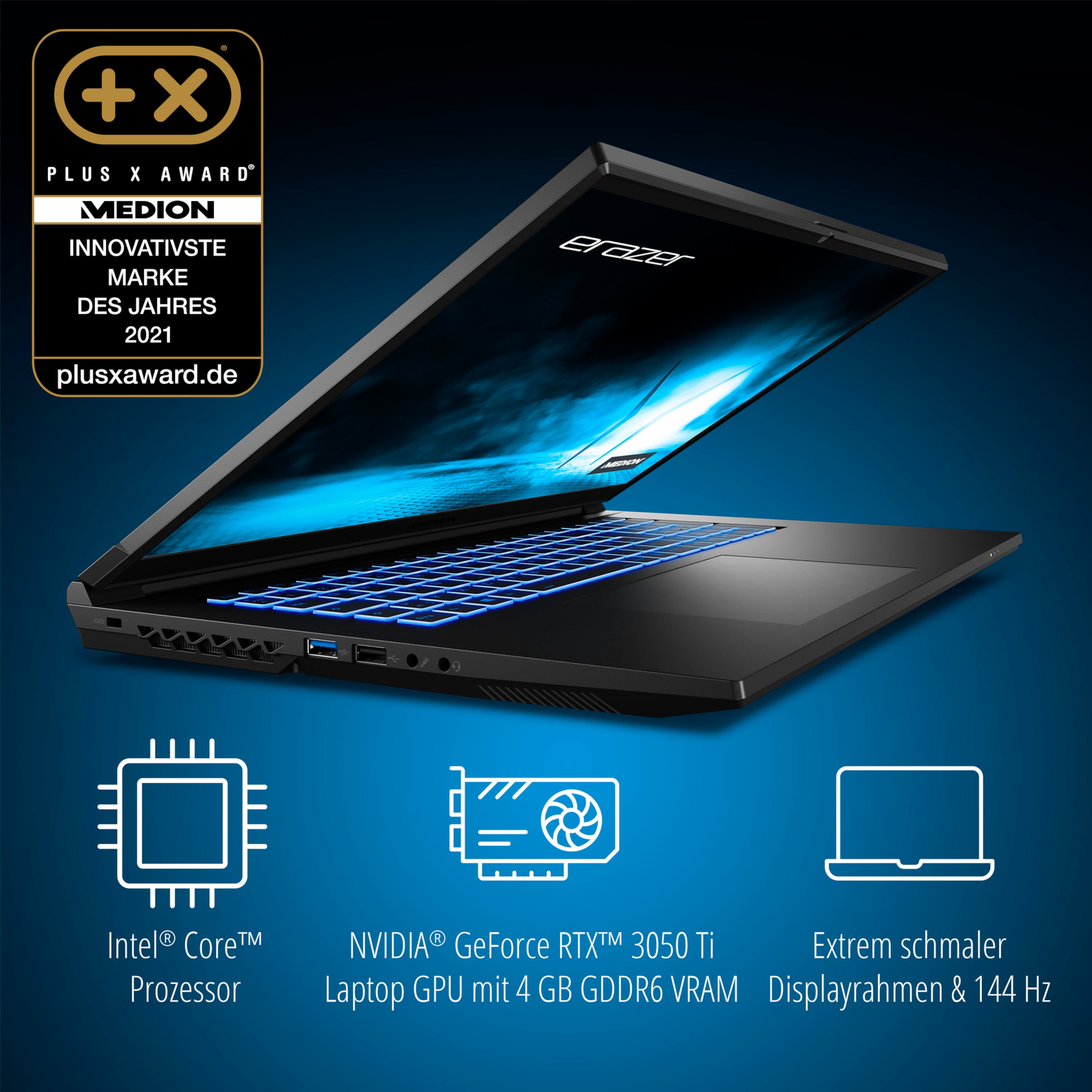 MEDION® ERAZER® Scout E10, Intel® Core™ i7-12700H, Windows 11 Home, 43,9 cm (17,3'') FHD Display mit 144 Hz, RTX™ 3050 Ti, 1 TB SSD, 16 GB RAM, Core Gaming Notebook