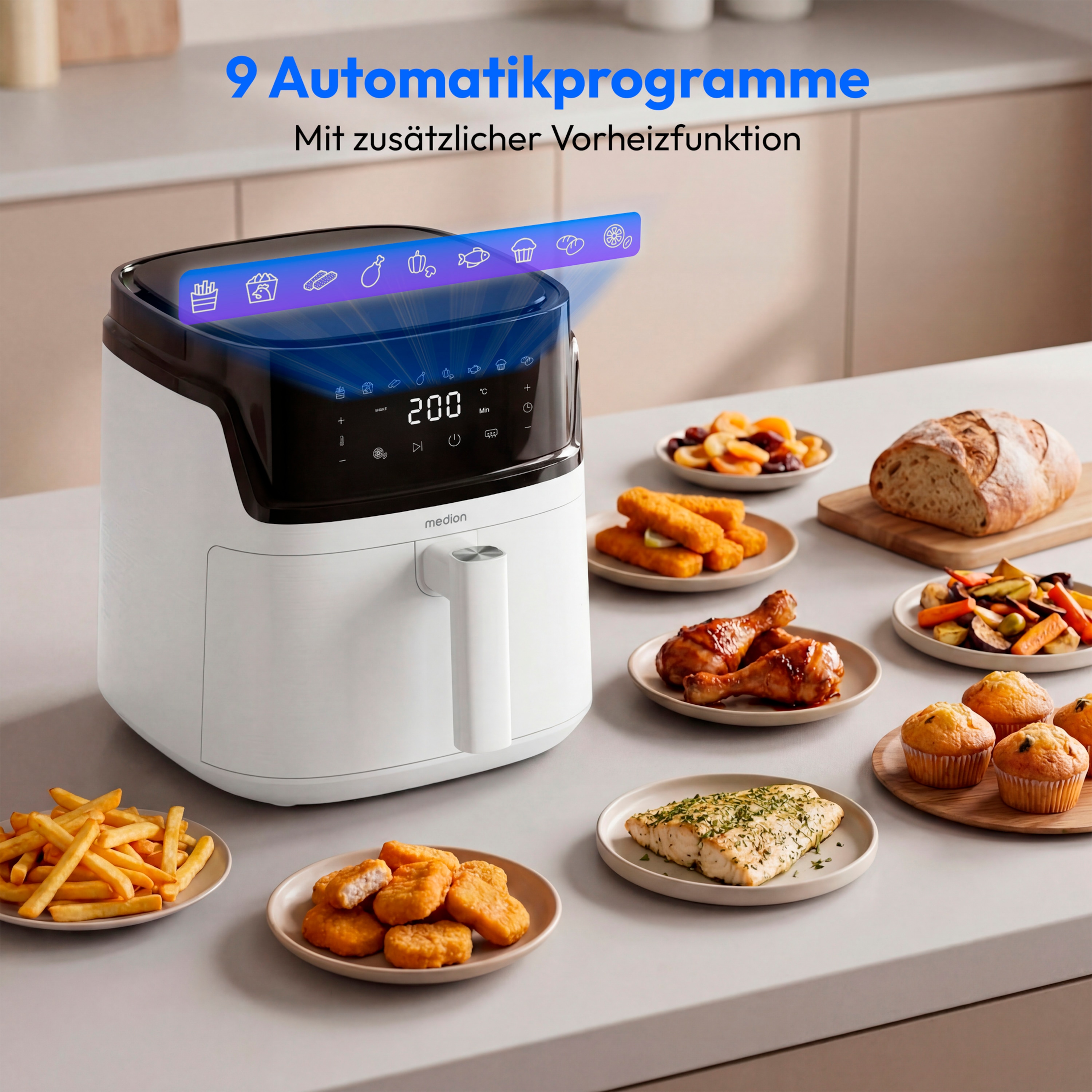 MEDION® LIFE Heißluftfritteuse MD100056, 7,2 L Gesamtvolumen, 10 Automatikprogramme, Edelstahl-Heizelement, digitales Sensor-Touch-Display, Temperatur 40–200 °C, ILAG SP-800 Beschichtung
