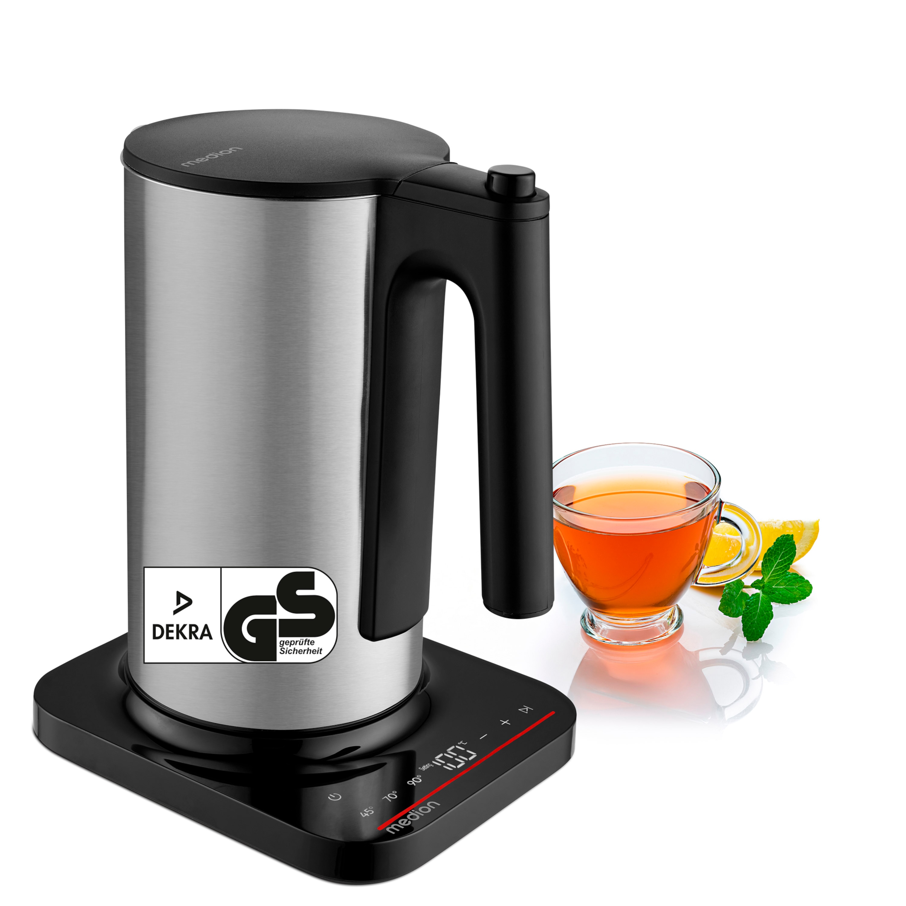 MEDION Digitaler Wasserkocher MD12106 silber, 2.200 Watt Leistung, 1,5 Liter Kapazität, LED-Display, LED-leuchtbalken, automatische Programme,