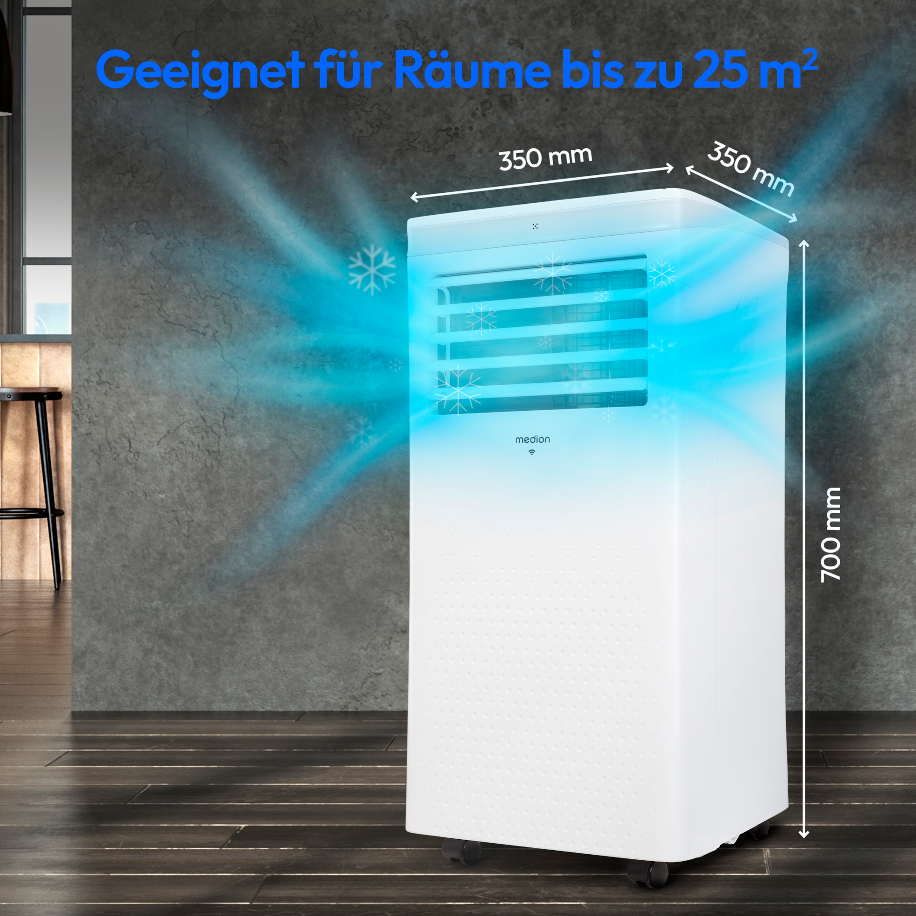 MEDION® LIFE® P702 Klimaanlage (MD 37737), Kühlen, Entfeuchten und Ventilieren, Kühlleistung 7.000 BTU, Kühlmittel R290, max. 25m², Luftdurchsatz 300m³/h, App- und Sprachsteuerung, Inkl. Fenster-Kit