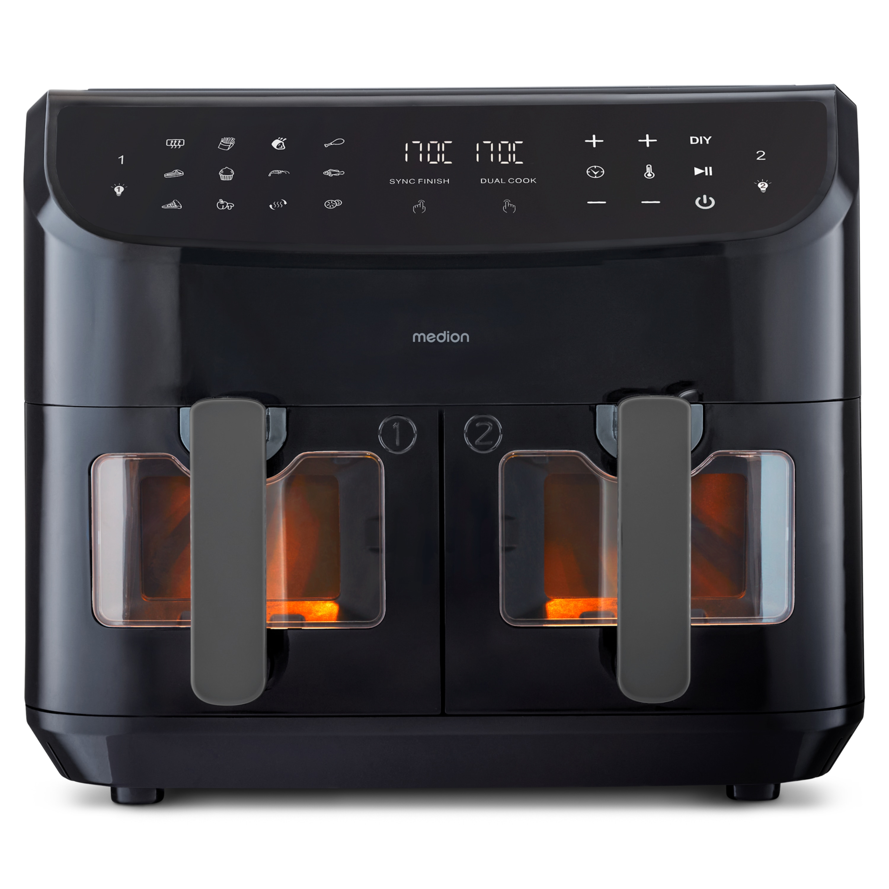 MEDION® LIFE® P20 XXL Twin Doppelzonen-Heißluftfritteuse MD 11760, 100 Rezepte in der Life+ App, 2 separate Garzonen, 9 Automatikprogramme, 8,7 L Gesamt-Nutzinhalt, 2.600 Watt, Temperatur einstellbar bis 200 °C