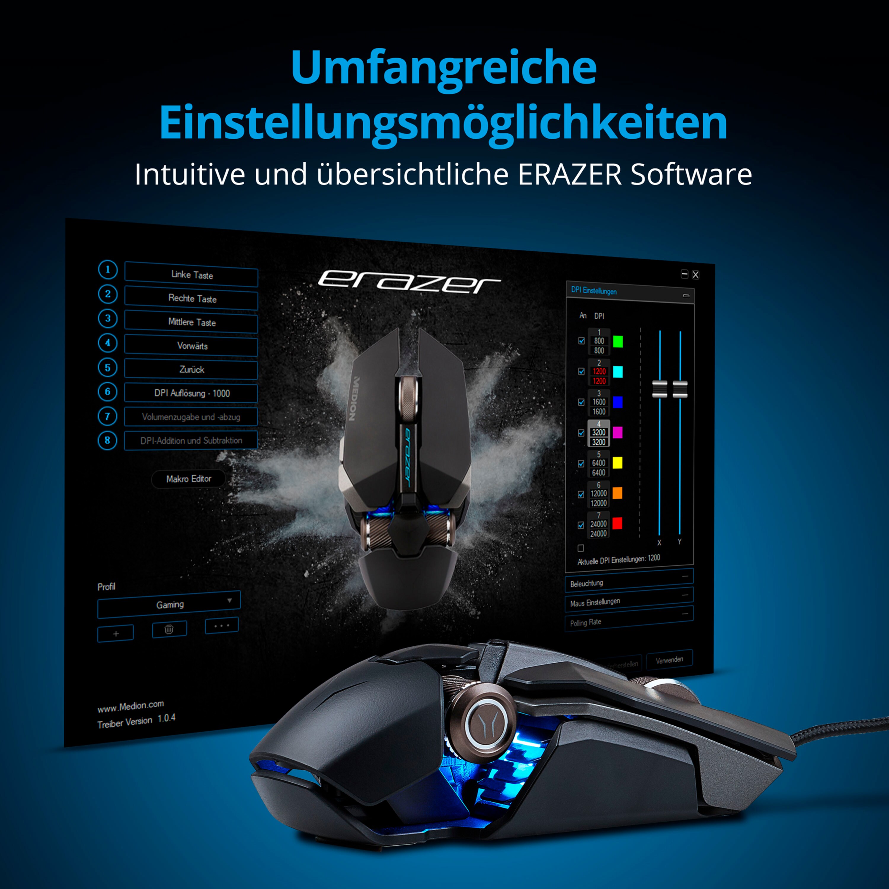 MEDION® ERAZER® X81666 Professional Gaming Maus, DPI Scrollwheel, Sniper-Key, High Performance Design, DPI Farbanzeige, übersichtliche ERAZER®-Software, RGB-Beleuchtung