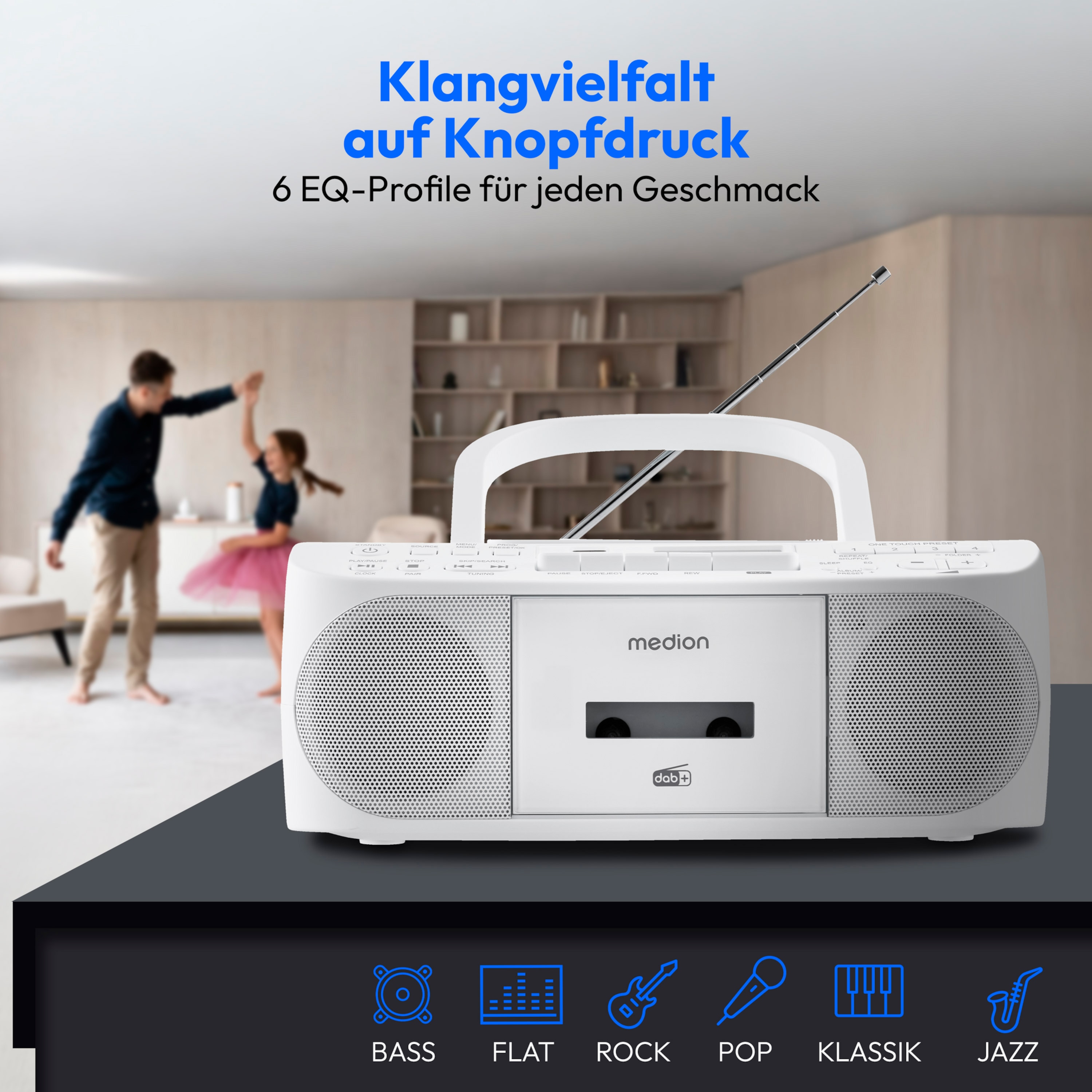 MEDION® LIFE® DRX-1 Plus Boombox, DAB+/PLL-UKW-Stereo Radio, Bluetooth® 5.4, CD-Kassetten-Radio mit MP3-Wiedergabe, USB Anschluss, CD-R/RW kompatibel, AUX-In, 2 x 3 W RMS