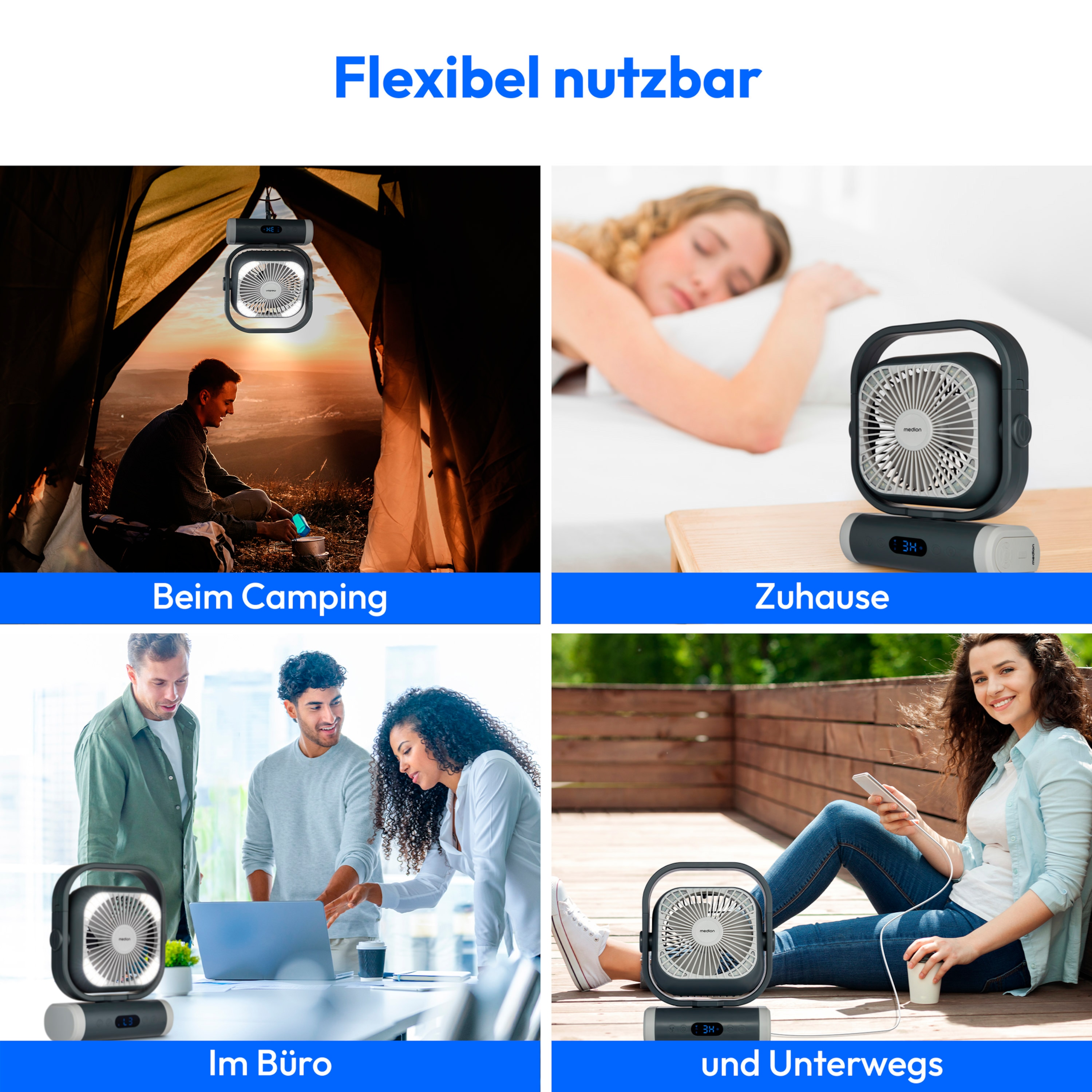 MEDION® LIFE Camping Ventilator E10 TF, 20 W Leistung, 5 Geschwindigkeitsstufen, 110° Oszillation, 10.000 mAh Akku, als Powerbank nutzbar, LED
