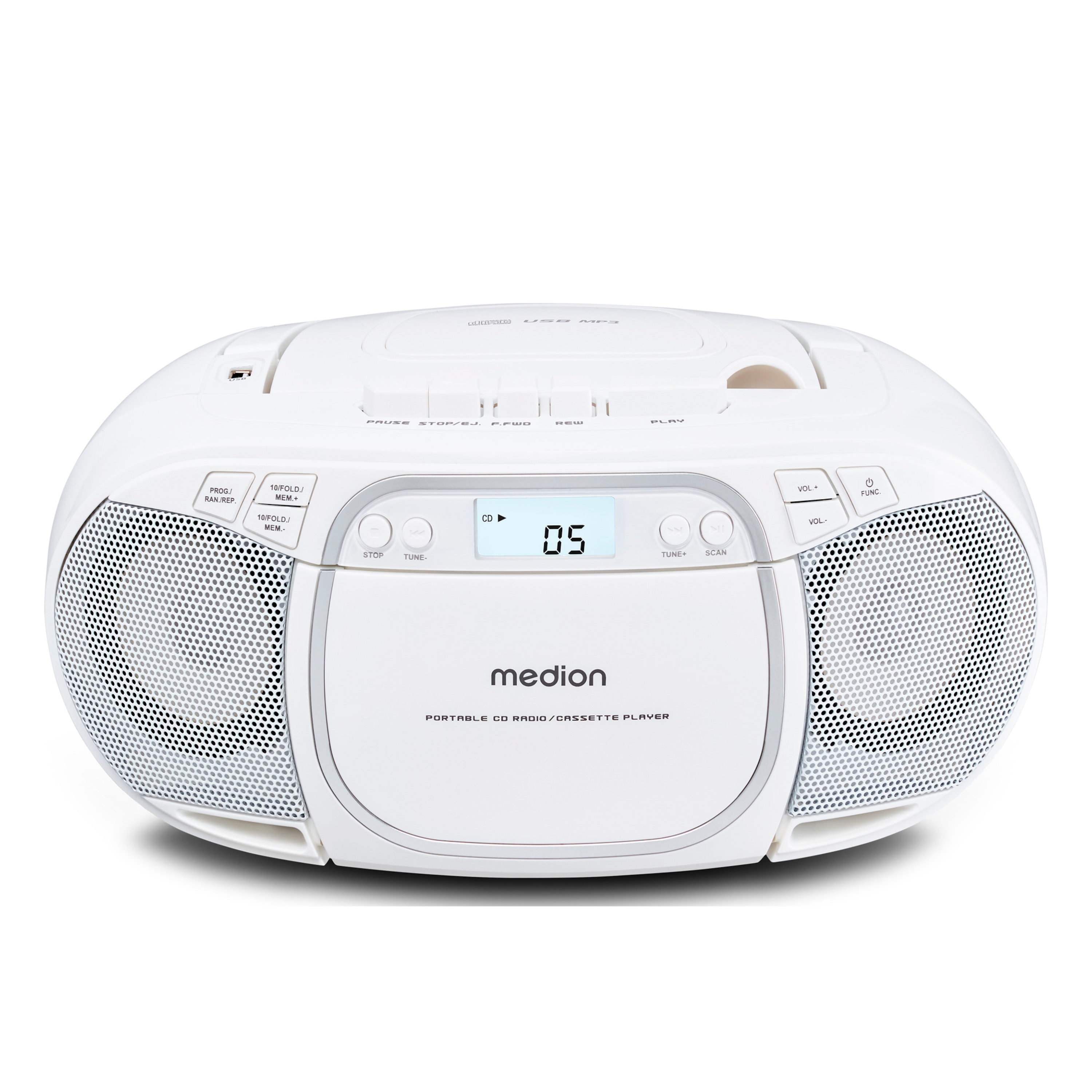 MEDION® LIFE E66476 Tragbare CD-Boombox, CD-Player, Kassettendeck, FM-Radio, USB-MP3-Wiedergabe, 30 Senderspeicher, Batteriebetrieb