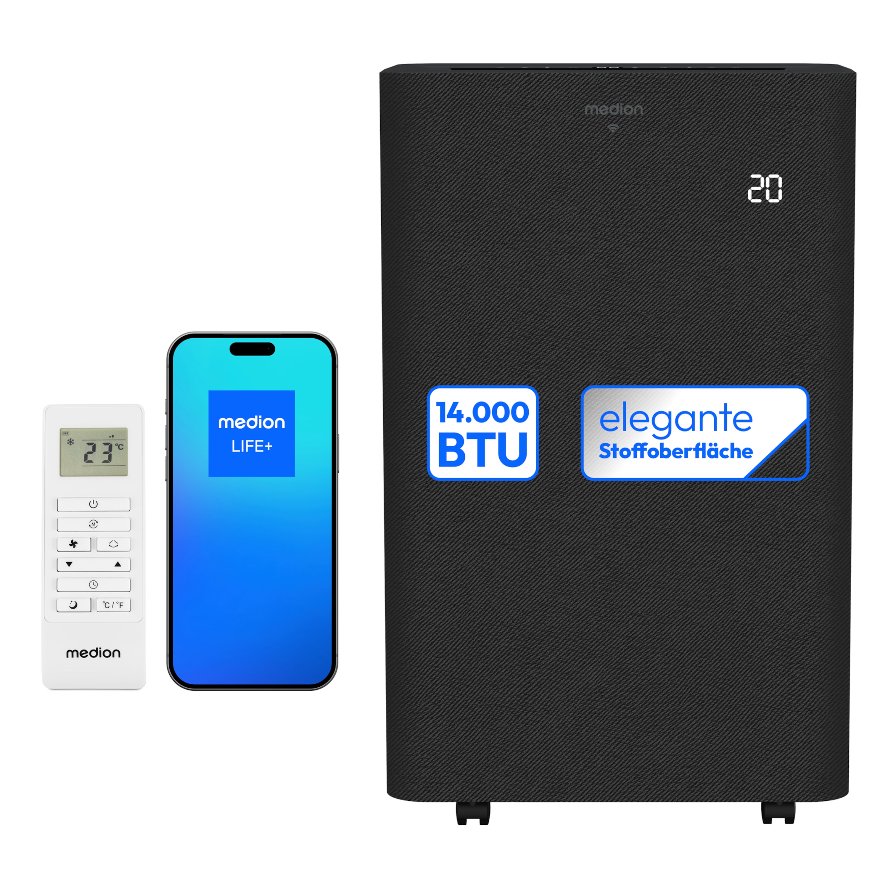 MEDION® LIFE® P1402 Klimaanlage (MD 100139), Kühlen, Entfeuchten und Ventilieren, 14.000 BTU Kühlleistung, Kältemittel R290, für Räume bis 50 m², App- und Sprachsteuerung, Auto-Swing-Funktion, inkl. Fenster-Kit
