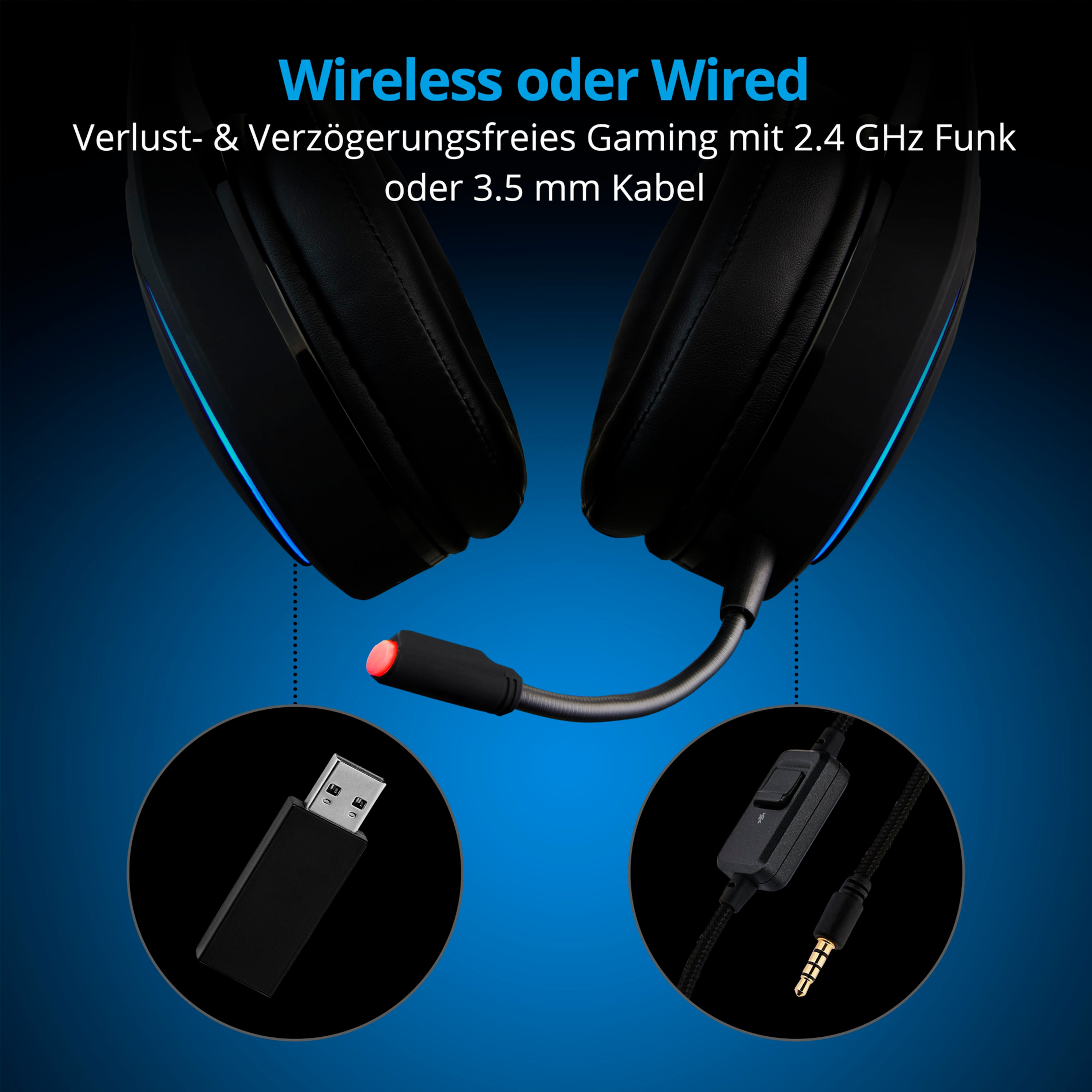 MEDION® ERAZER® Mage X10, Wireless Gaming Headset, klasse Klangqualität, flexibles & abnehmbares Mikrofon, RGB, Kabelbedienelement, bis zu 12 Stunden Laufzeit, kabellos (PC & PS5®) oder kabelgebunden