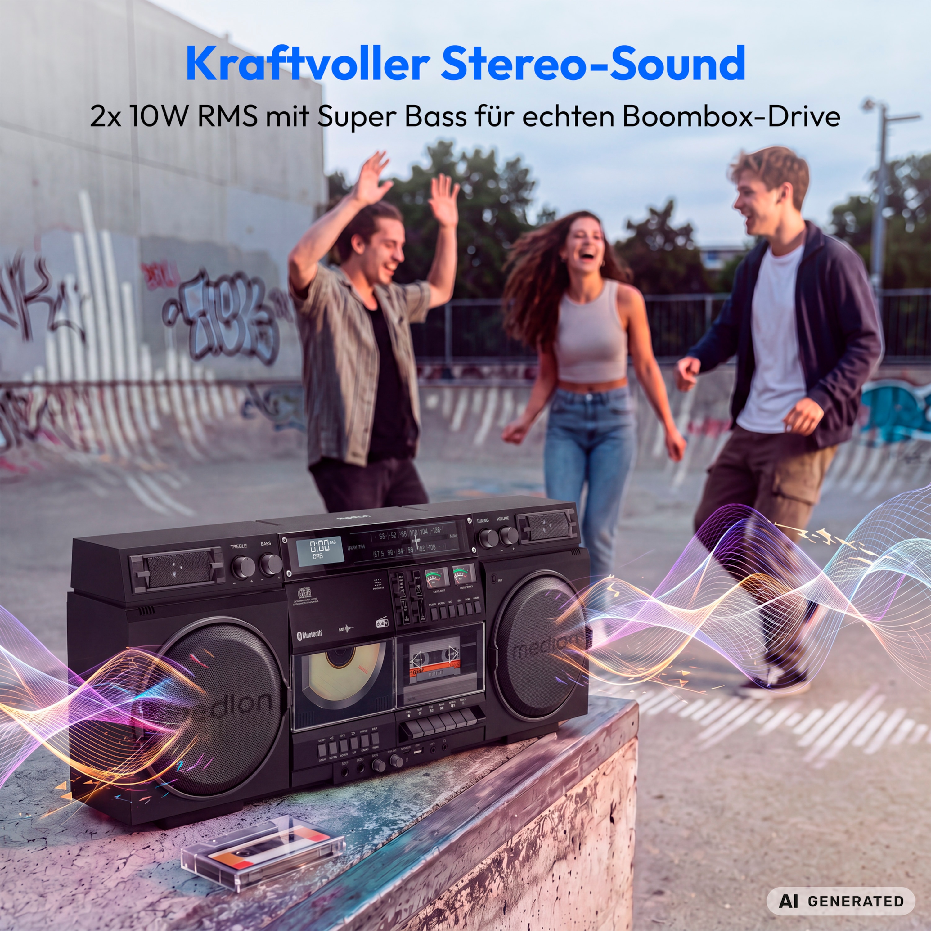 MEDION® LIFE P66538 Retro-Boombox schwarz, DAB+/PLL-UKW Radio, Bluetooth® 5.3 für das Abspielen von Smartphone & Co, CD-Player, Kassettendeck, X-Bass Funktion, 2 x 10 W RMS