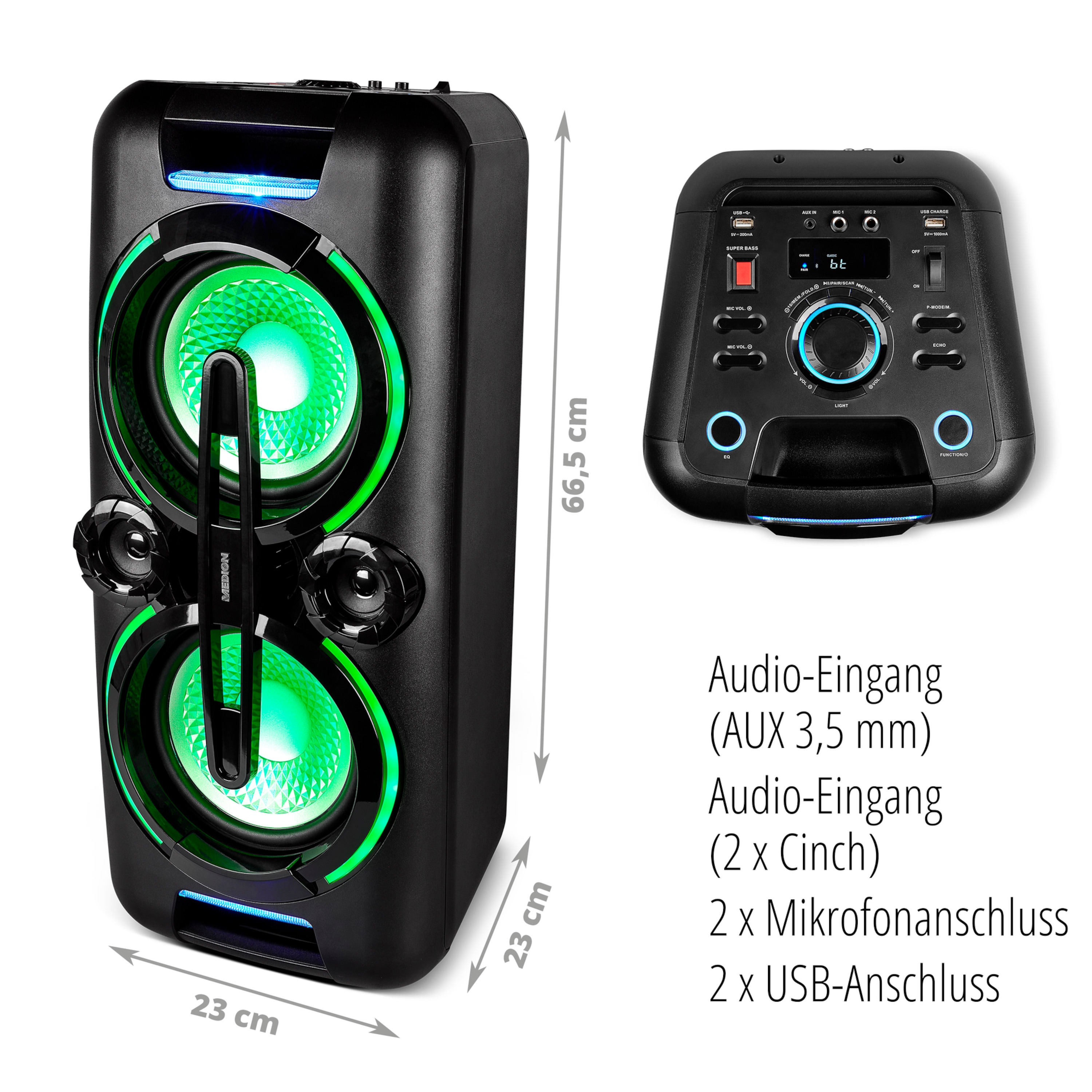 MEDION® LIFE® X61555 Bluetooth® Partylautsprecher, PLL-UKW, X-Bass, Mikrofonanschluss, Kabellose Musikübertragung, verschiedene Beleuchtungseffekte, integr. Akku  (B-Ware)