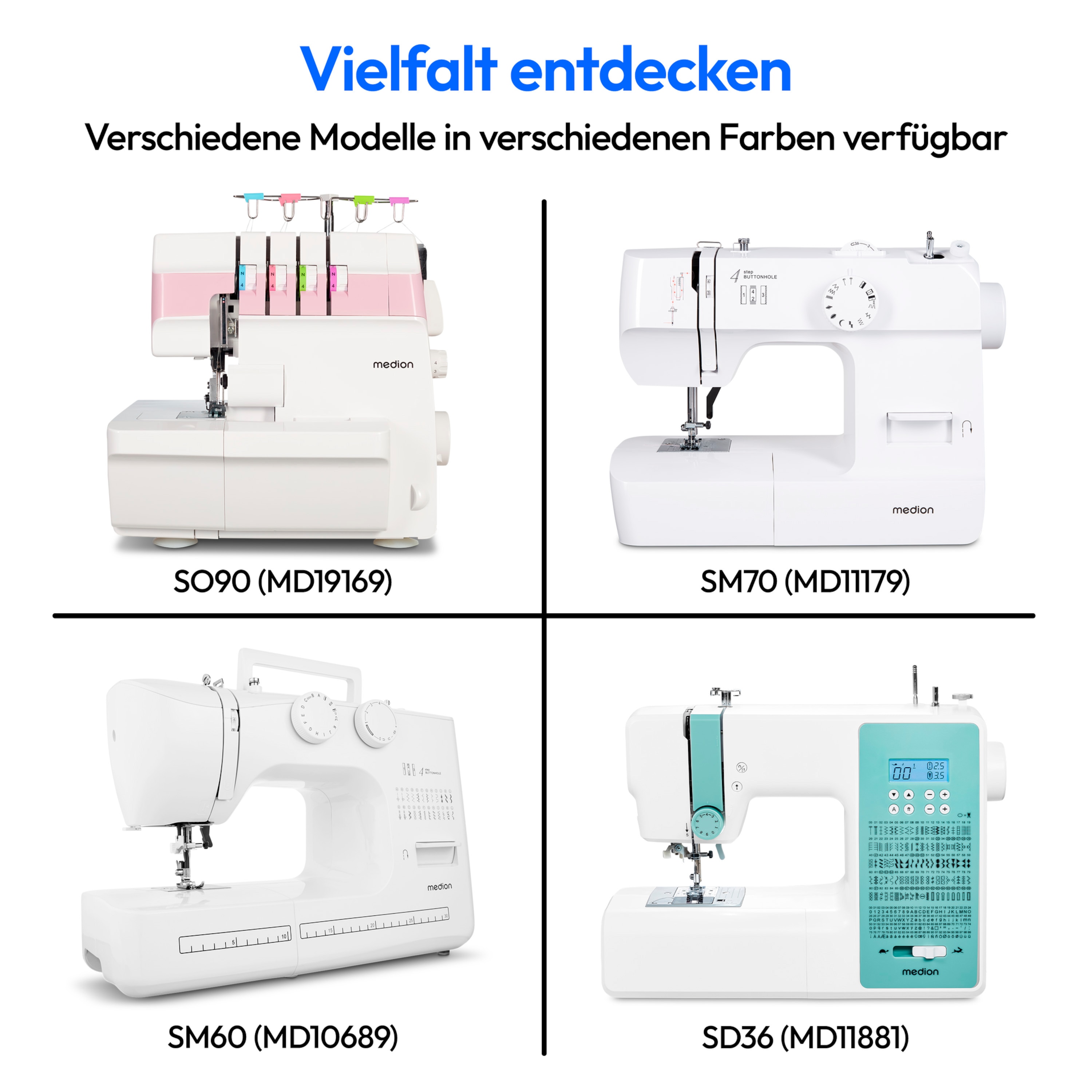 MEDION® LIFE Nähmaschine SM70 (MD 11179) , 12 verschiedene Stickmuster, 4-Stufen-Knopfloch,  einstellbare Stichlänge, 70-Watt-Motorleistung