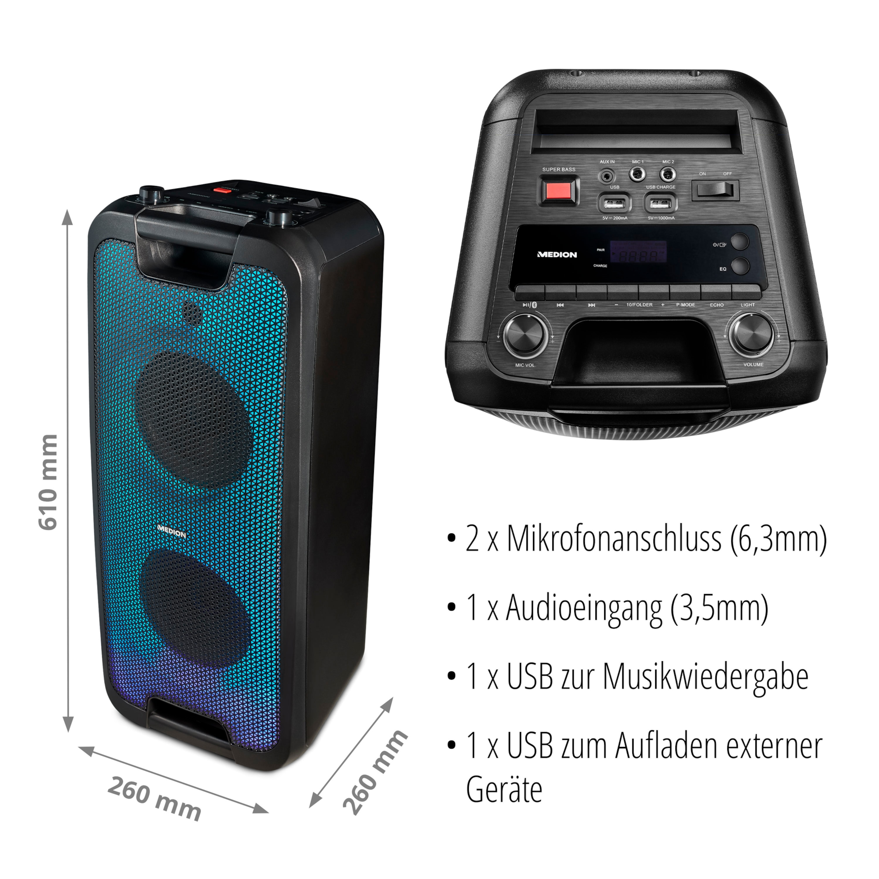 MEDION® LIFE® E61400 Partylautsprecher, LC-Display, Bluetooth® 5.0 für kabellose Musikübertragung, Karaoke, leicht zu transportieren, 2 x 22 W RMS Ausgangsleistung
