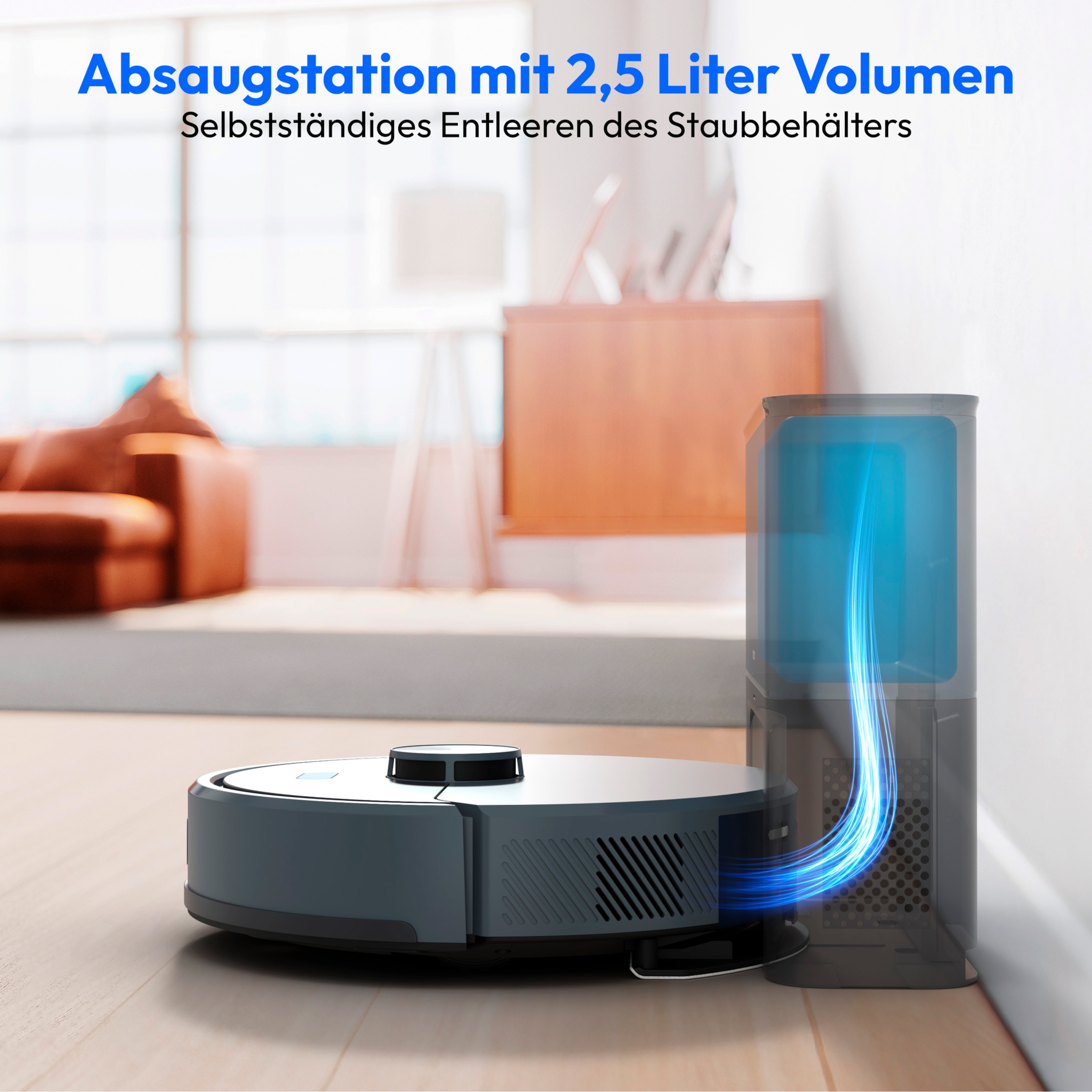 MEDION® Saugroboter mit Absaugstation X22 SW+ blau, Wischfunktion, Lasernavigation, 5.000 Pa Saugkraft, No Go & Go Bereiche, präzise Kartenerstellung, mehrere Etagen, App-Steuerung