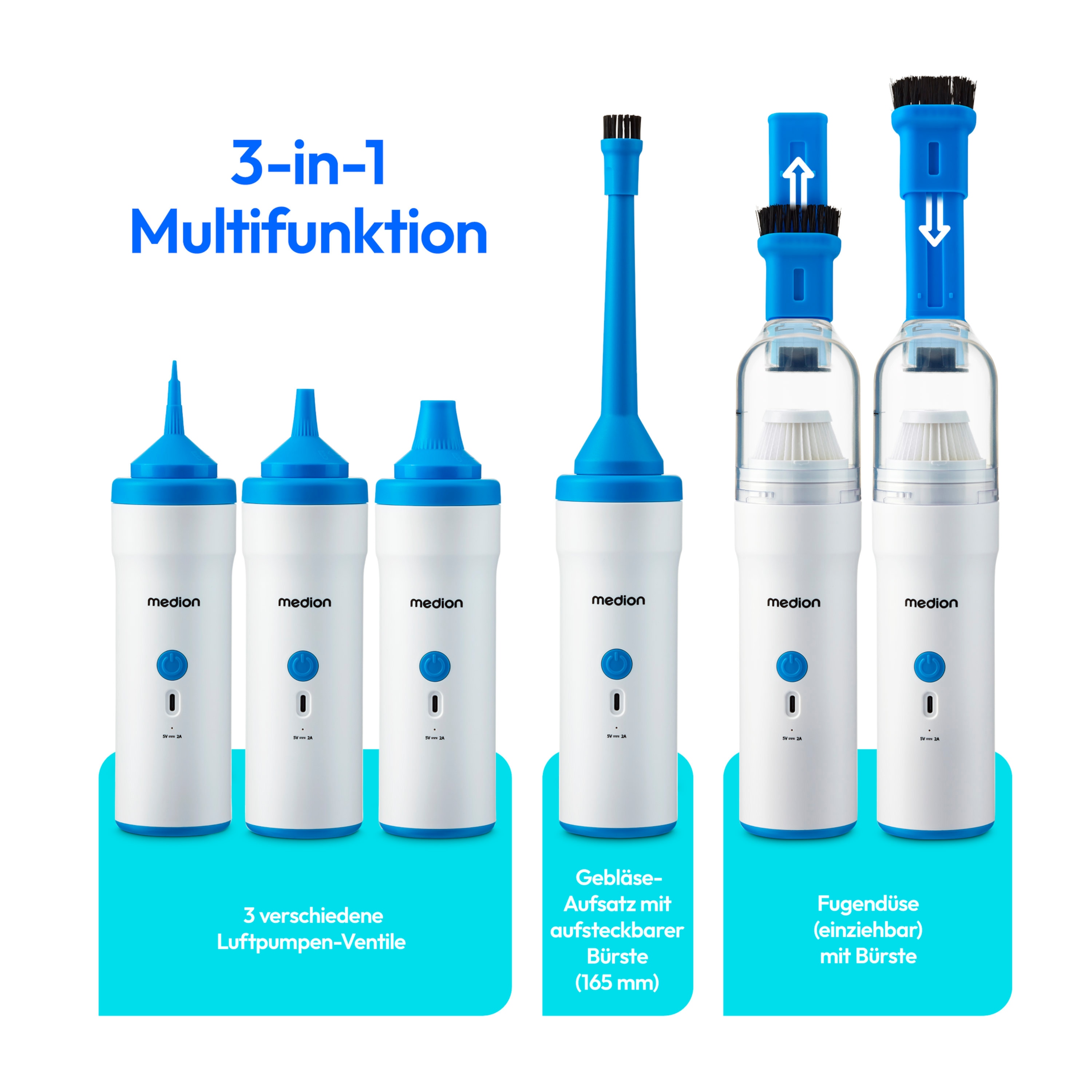 MEDION® LIFE 3in1 Akku-Handstaubsauger (MD 19877), Luftpumpen- und Gebläsefunktion, 5 kPa Saugleistung, integrierter Staubbehälter