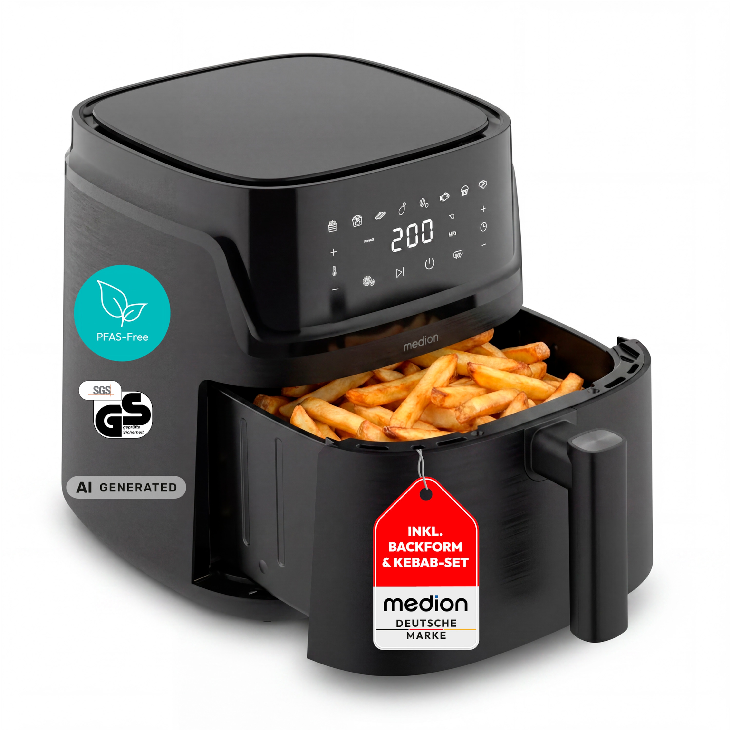 MEDION® LIFE® P15 XL Heißluftfritteuse MD100056 schwarz, 7,2 L Gesamtvolumen, 9 Automatikprogramme, Edelstahl-Heizelement, digitales Sensor-Touch-Display, Temperatur 40–200 °C, ILAG SP-800 Beschichtung