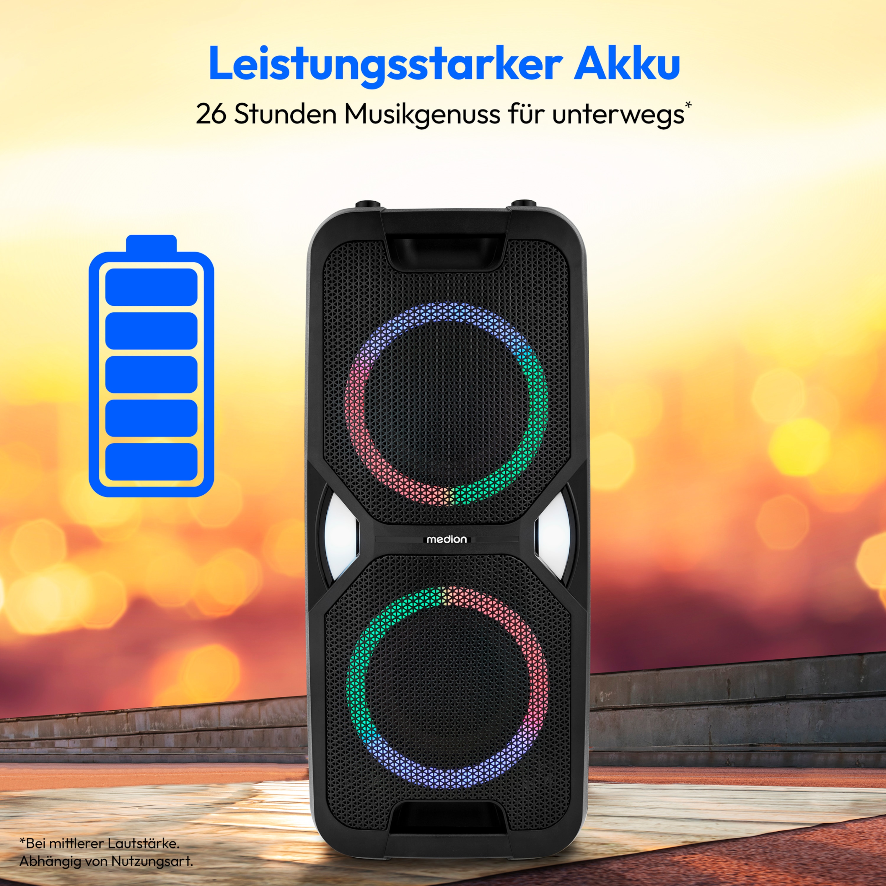 MEDION® LIFE® PE-1 Pure Partylautsprecher, PLL-UKW Radio, Bluetooth® 5.4, satter Sound, verschiedene Lichteffekte, X-Bass Bassanhebung, inkl. Mikrofon, 2 x 25 W RMS Ausgangsleistung