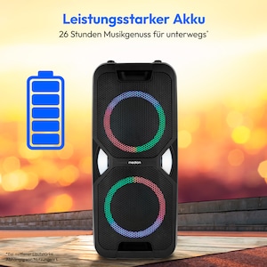 MEDION® LIFE PE-1 Pure Partylautsprecher, PLL-UKW Radio, Bluetooth® 5.4, satter Sound, verschiedene Lichteffekte, X-Bass Bassanhebung, inkl. Mikrofon, 2 x 25 W RMS Ausgangsleistung