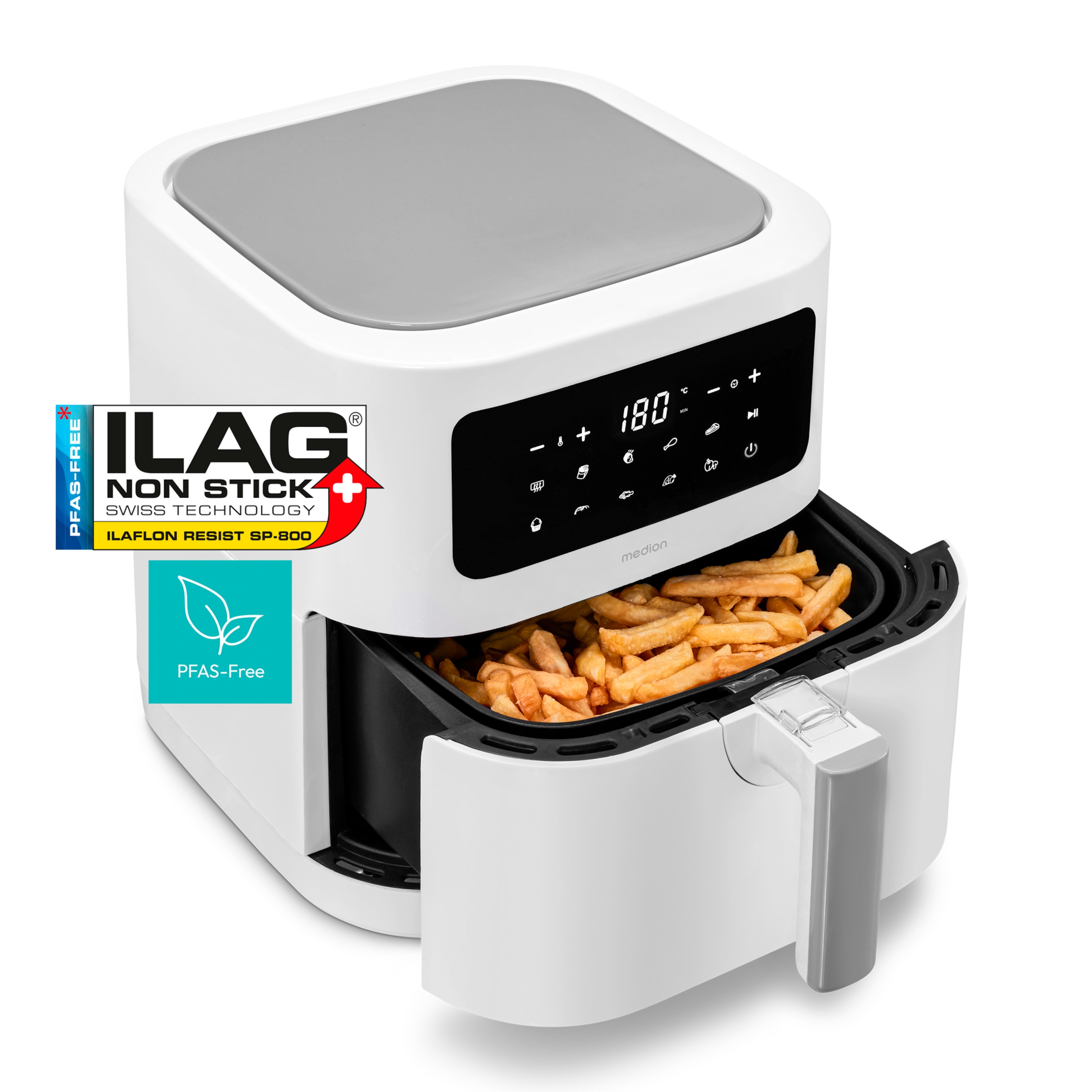 MEDION® LIFE® E40 XL Heißluftfritteuse Matt MD11740, 100 Rezepte in der Life+ App, ölfreies Frittieren, 9 Automatikprogramme, 5,2 L Korbvolumen