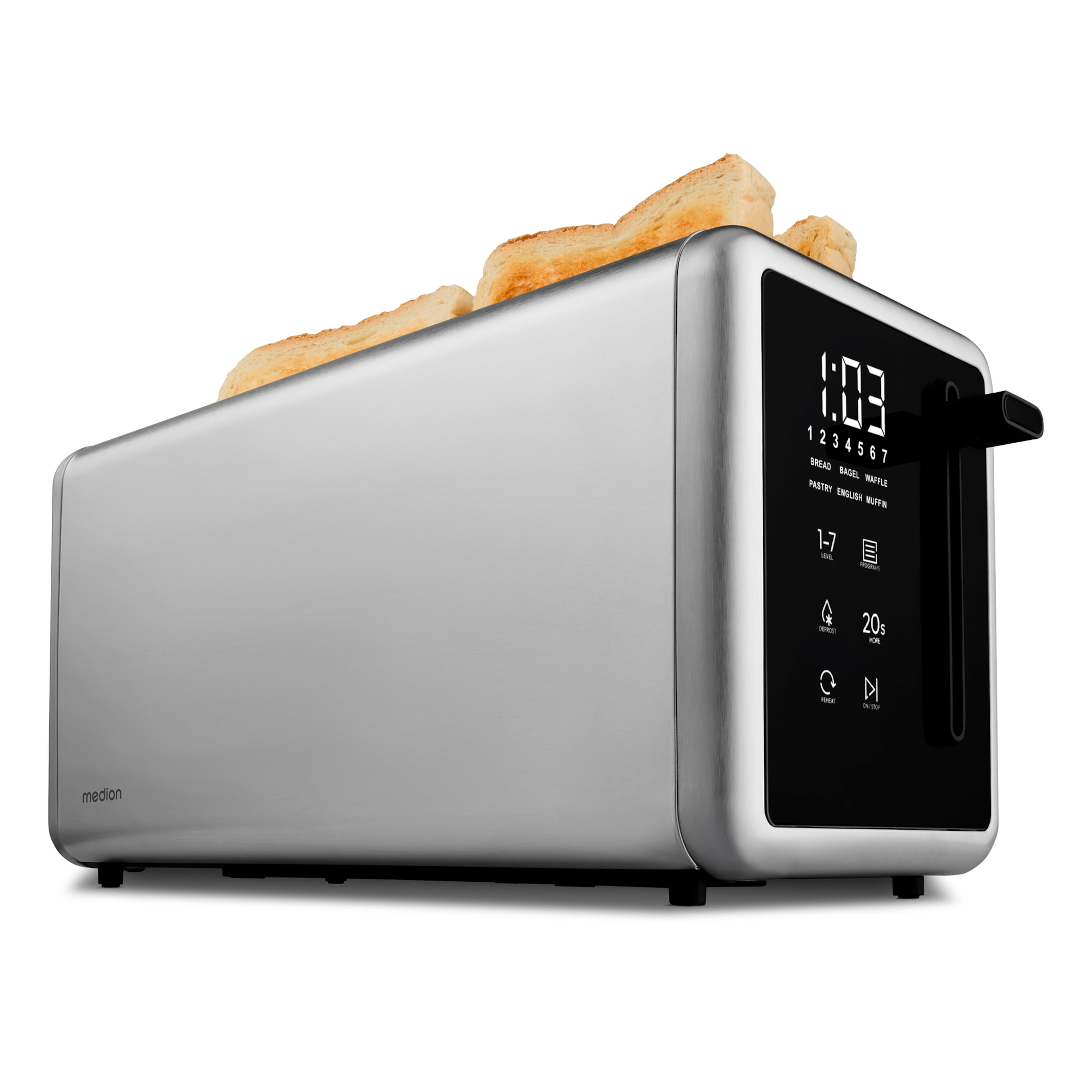 MEDION® MEDION LIFE Toaster MD12103, 2 lange Toastschlitze für bis zu 4 Toasts, LED Sensor-Touch-Display, 7 Bräunungsstufen und 5 Automatikprogramme