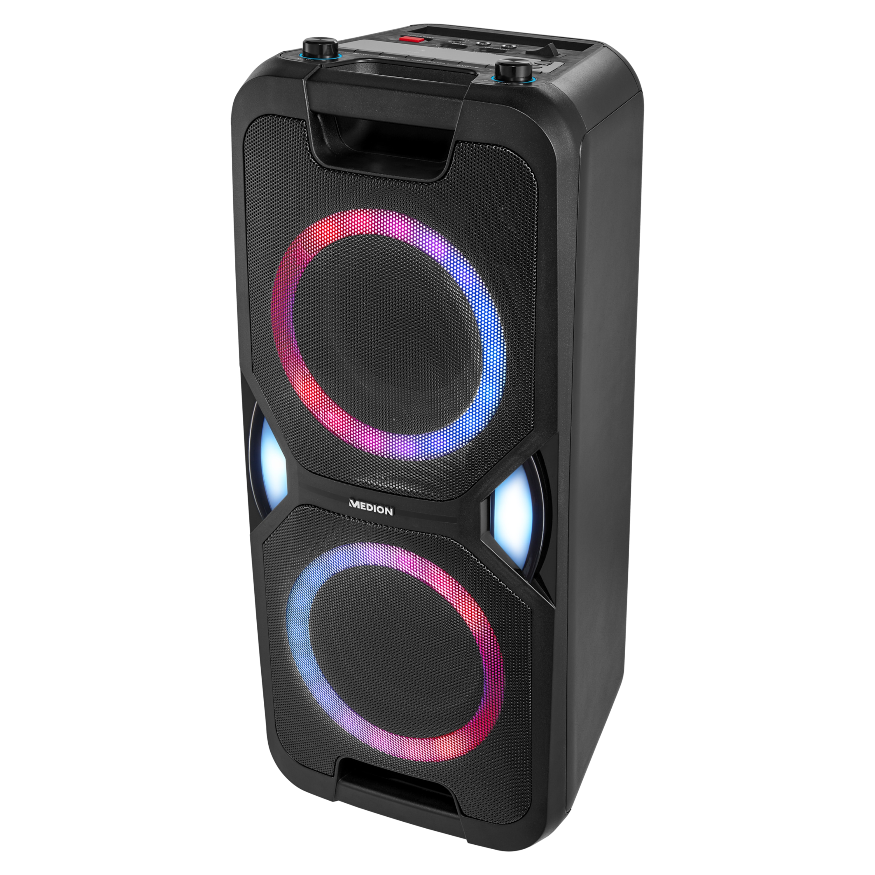 MEDION® LIFE® P67038 Partylautsprecher, PLL-UKW Radio, Bluetooth® 5.0, satter Sound, verschiedene Lichteffekte, X-Bass Bassanhebung, inkl. Mikrofon, 2 x 22 W RMS Ausgangsleistung