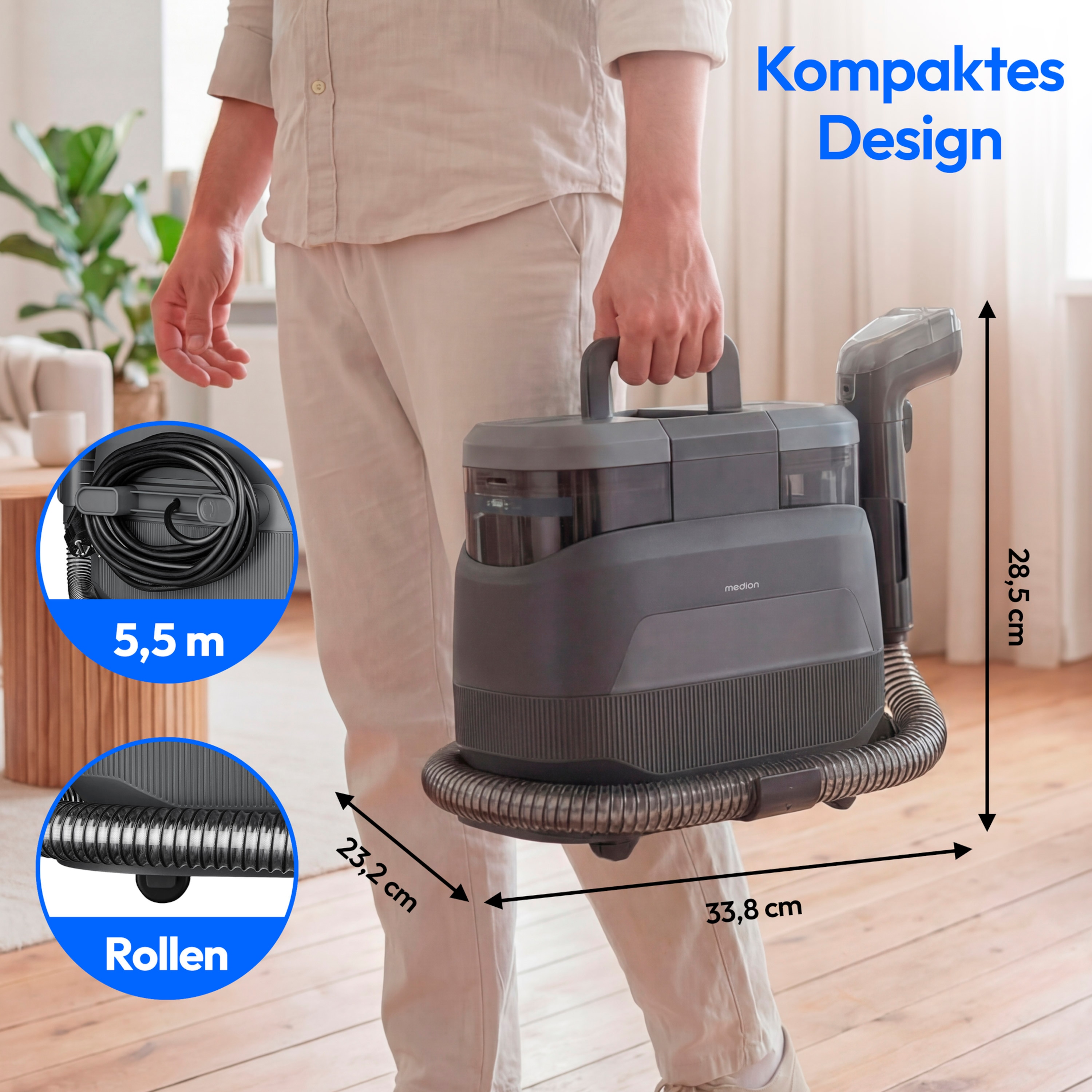 MEDION® X10 UC Polster- und Teppichreiniger (MD100123), 3 Reinigungsmodi, 12 kPa Saugkraft, 1250 ml Frischwassertank, 950 ml Schmutzwassertank, IPX4, mit Tragegriff und Rollen