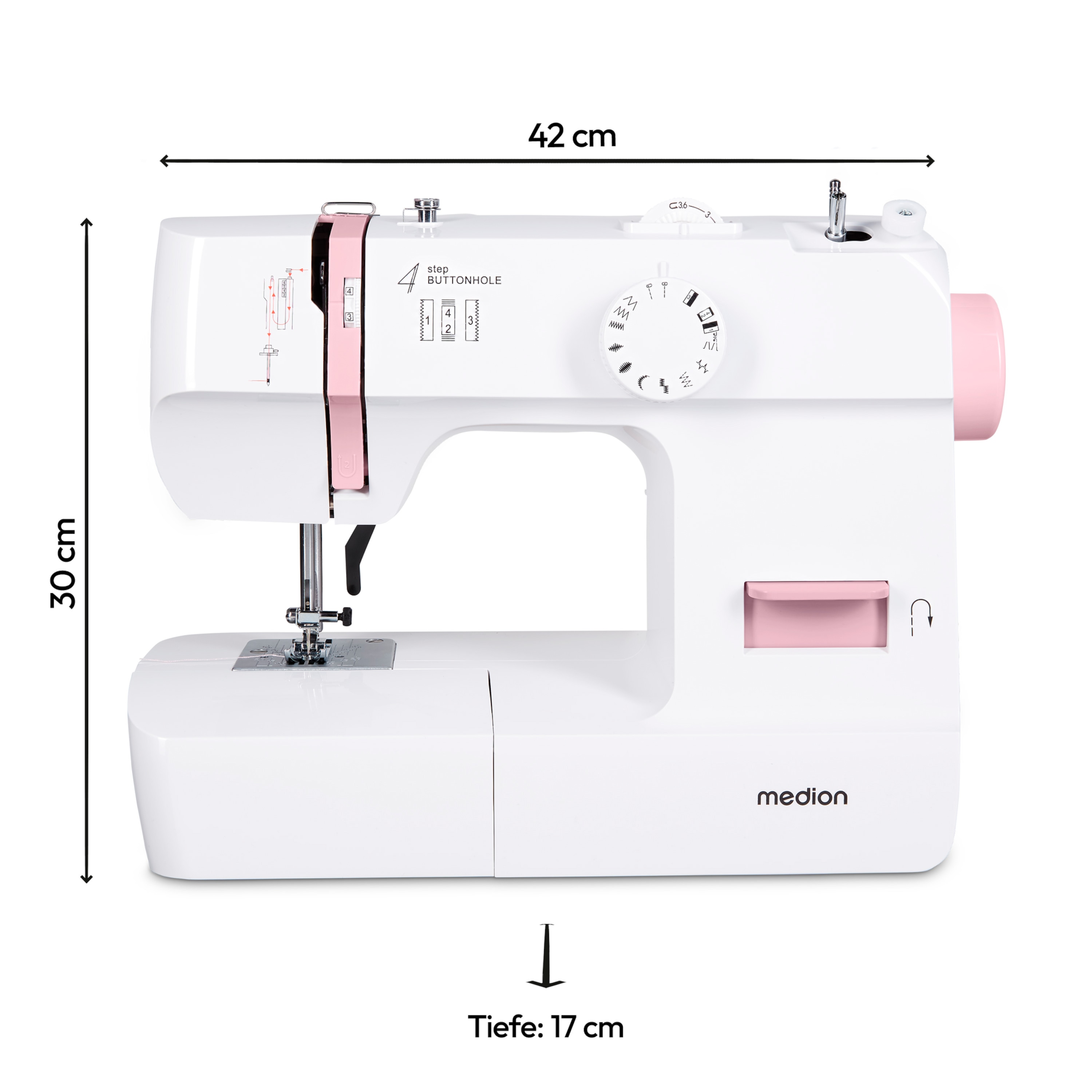 MEDION® LIFE Nähmaschine SM70 (MD 11179), 12 verschiedene Stickmuster, 4 Schritte Knopfloch, einstellbare Stichlänge, 70 Watt Motorleistung