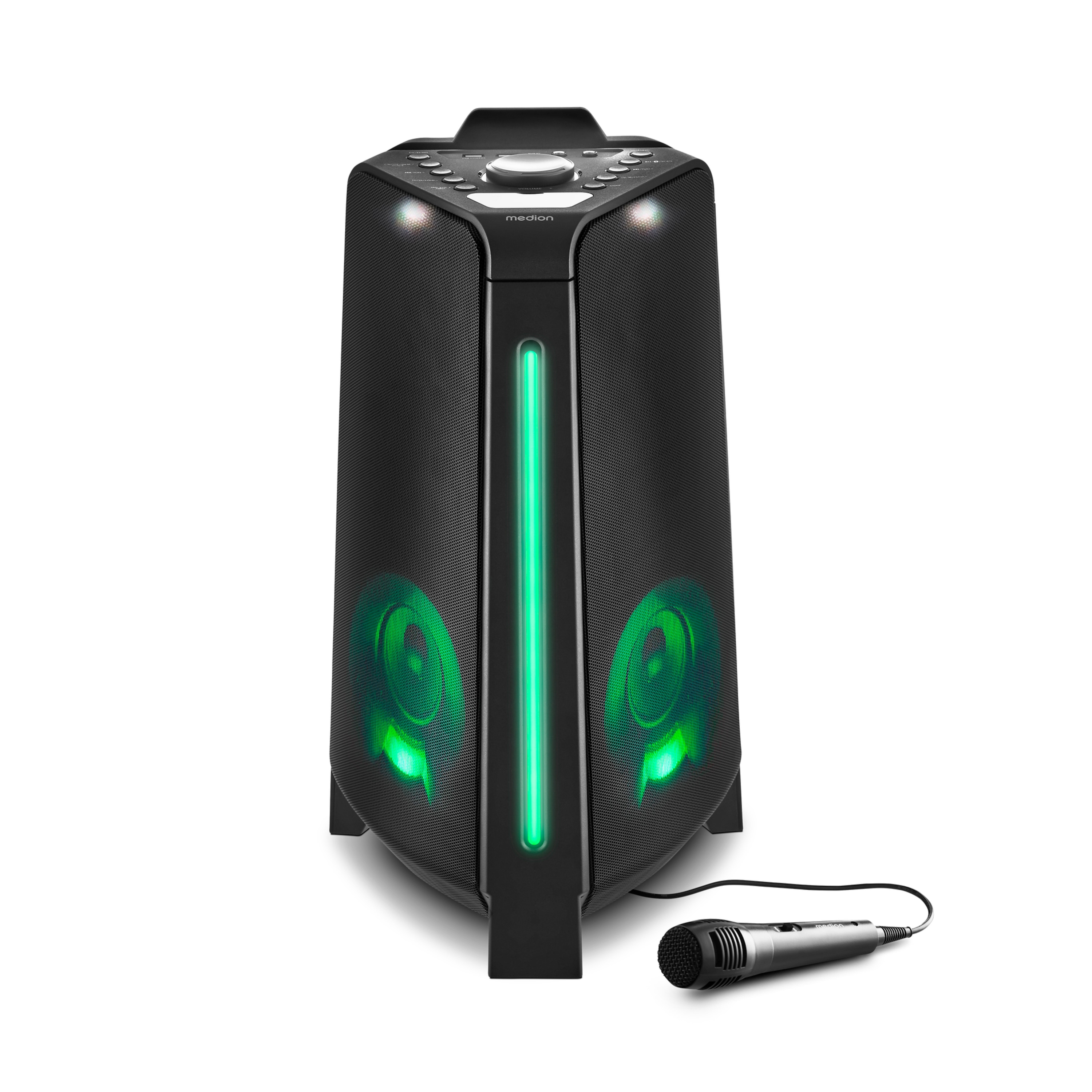MEDION® LIFE® P61552 Partylautsprecher, tragbares Bluetooth® Soundsystem mit PLL-UKW Stereo Radio, raumfüllender Klang dank innovativem Designs, TWS-Funktion, verschiedene Lichteffekte, 2 x 22 W RMS