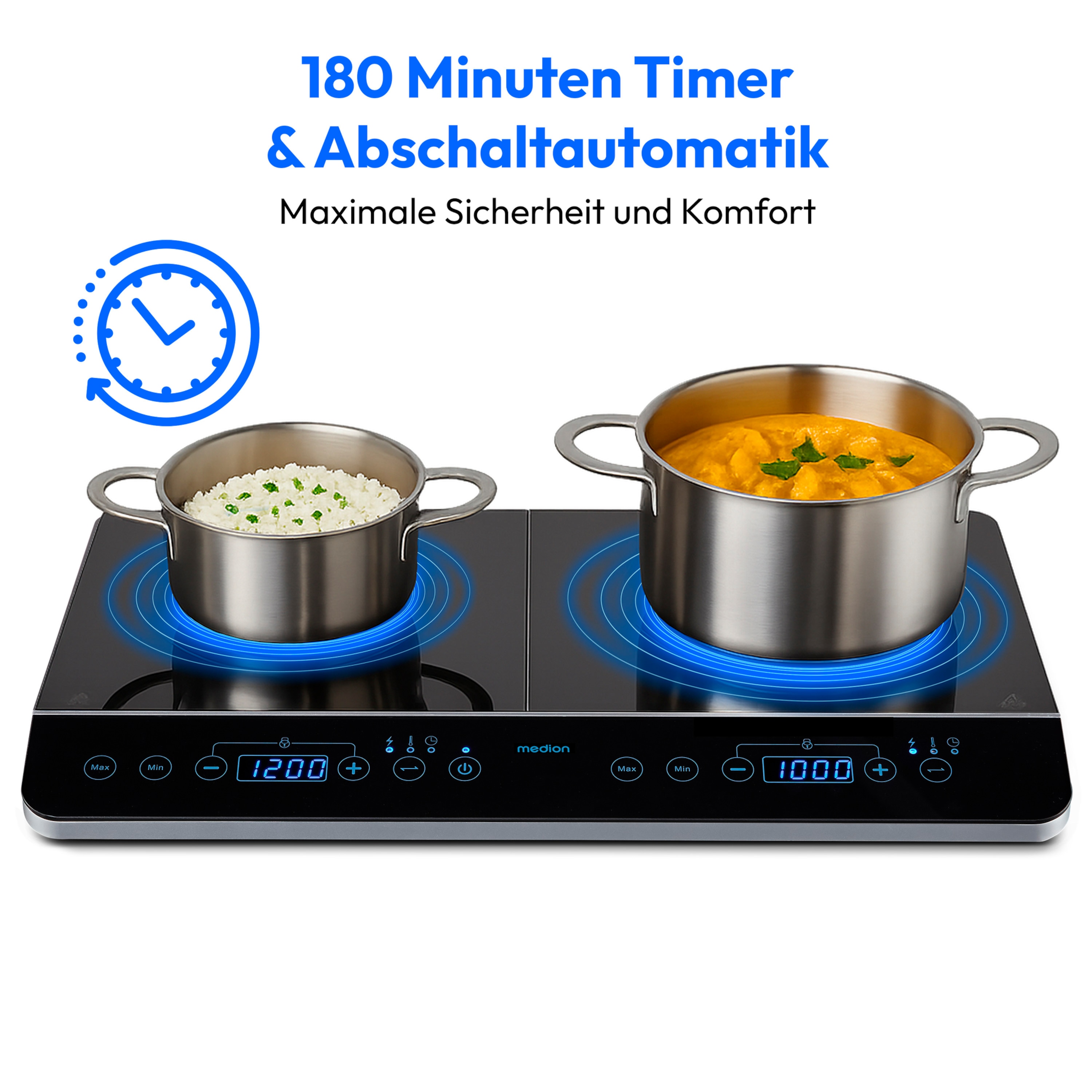 MEDION® LIFE® Doppel-Induktionskochplatte MD 15324, 3500 Watt Induktionsleistung, automatische Topferkennung, energiesparend